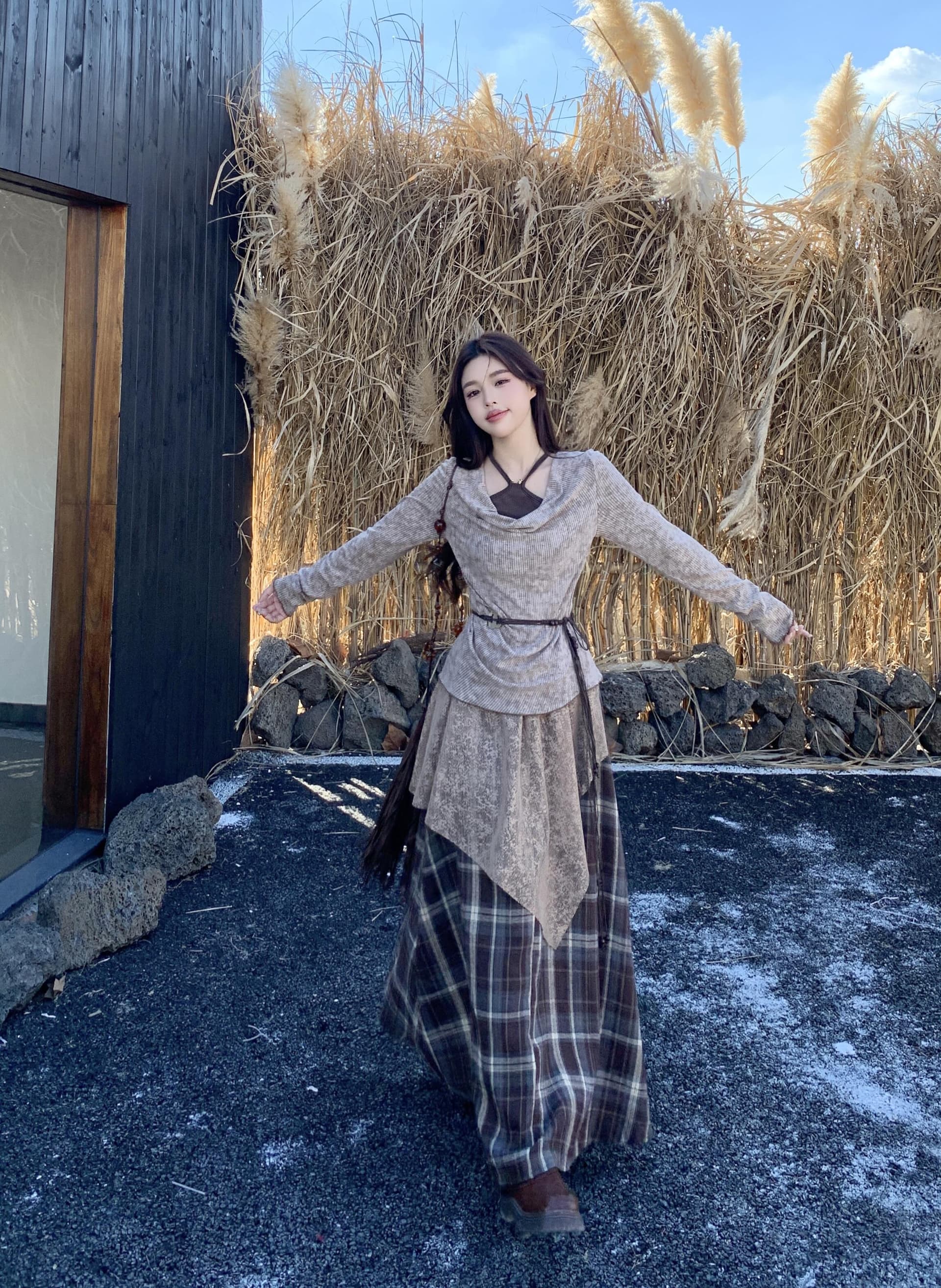 실사 빅 사이즈 새로운 핫걸 오프숄더 허리 수축 페이크 레이어드 맨위 슬림해 보이는 다용도 패치워크 반신 치마 세트 상세 이미지 2