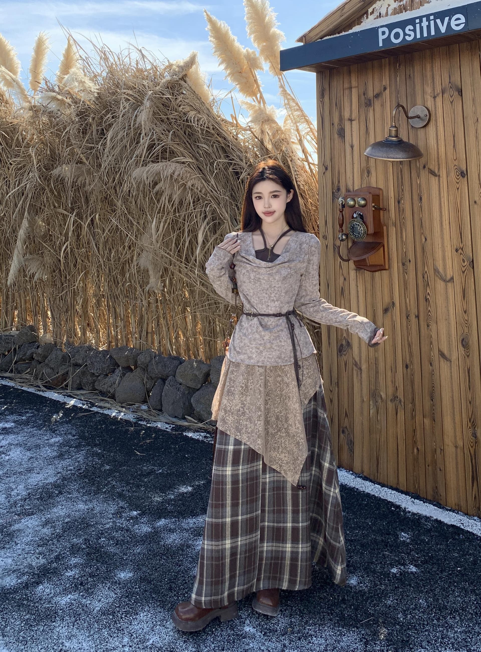 실사 빅 사이즈 새로운 핫걸 오프숄더 허리 수축 페이크 레이어드 맨위 슬림해 보이는 다용도 패치워크 반신 치마 세트 상세 이미지 15