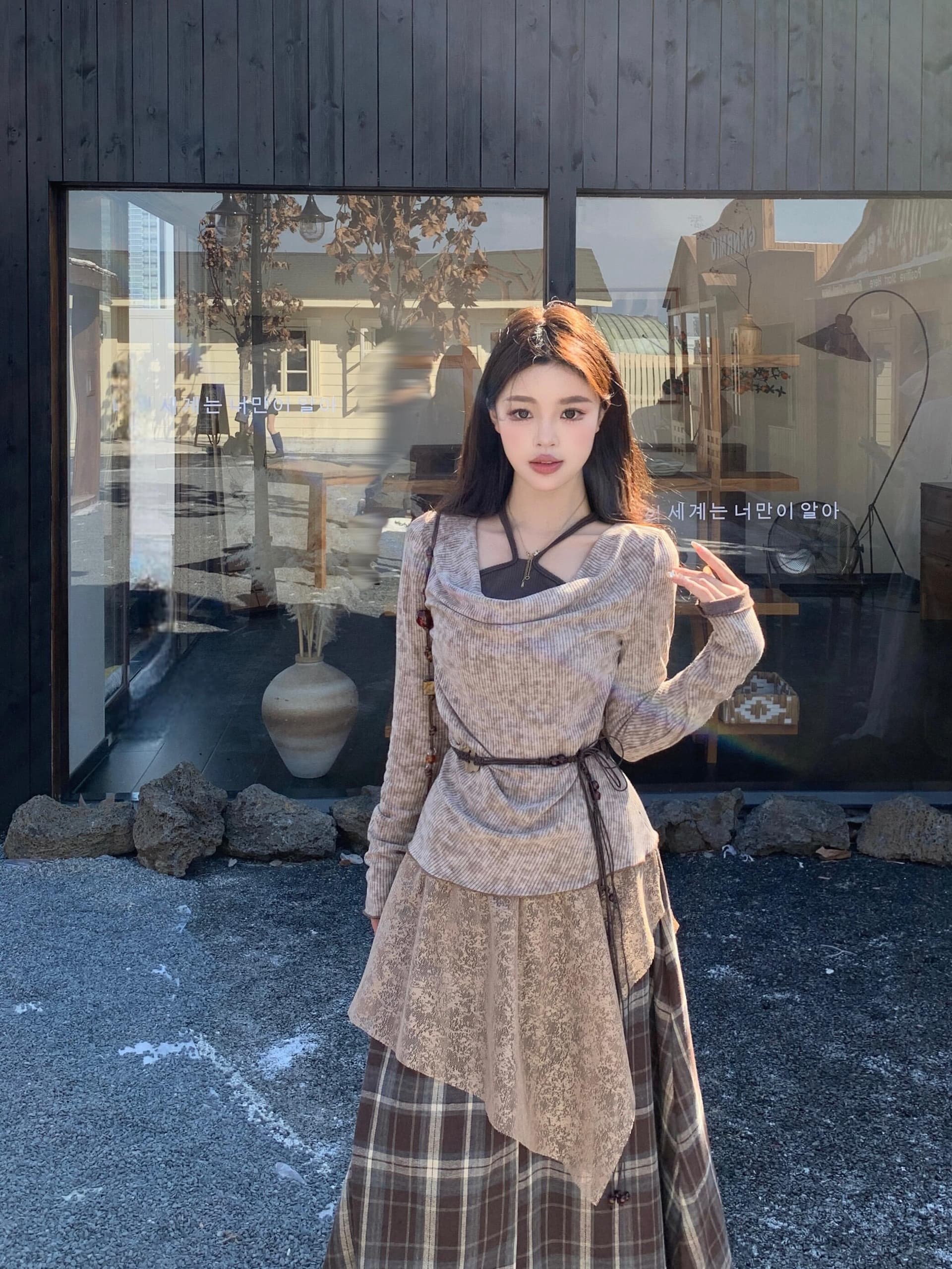 실사 빅 사이즈 새로운 핫걸 오프숄더 허리 수축 페이크 레이어드 맨위 슬림해 보이는 다용도 패치워크 반신 치마 세트 상세 이미지 16
