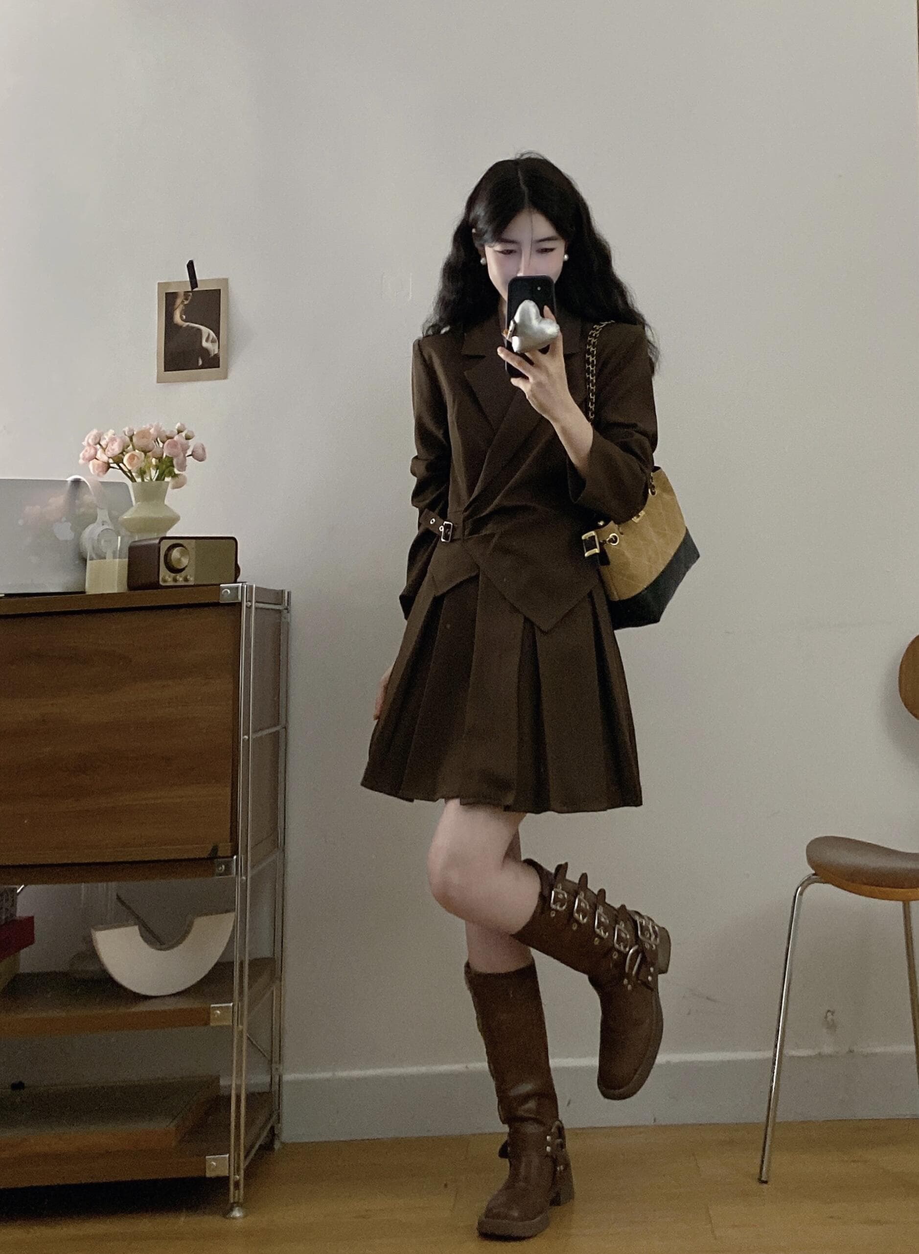 실사 빅 사이즈 새로운 외국 가스 연령 감소 슬림해 보이는 페이크 레이어드 블레이저 반신 스커트 여성 패션 품격 드레스 상세 이미지 5