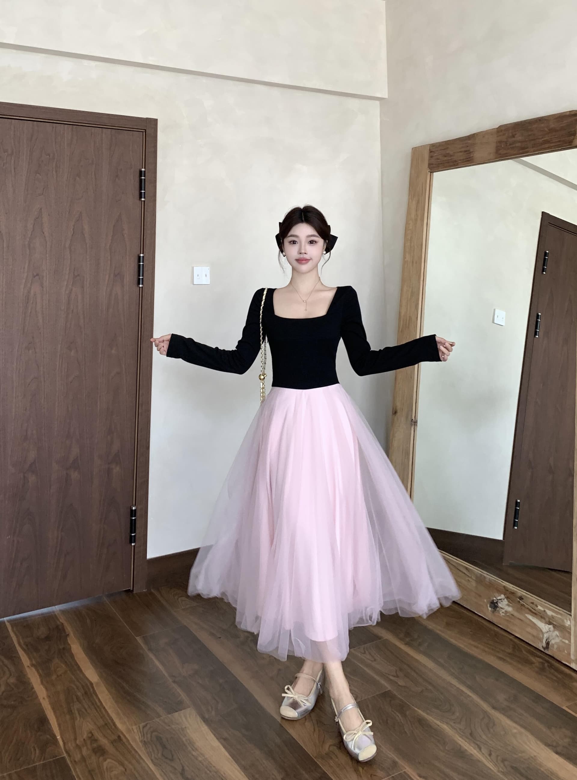 실사 빅 사이즈 프랑스식 발레 바람 배색 패치워크 하이웨이스트 드레스 가을 겨울 2025 새로운 천 골드 센스 기본 스커트 상세 이미지 4