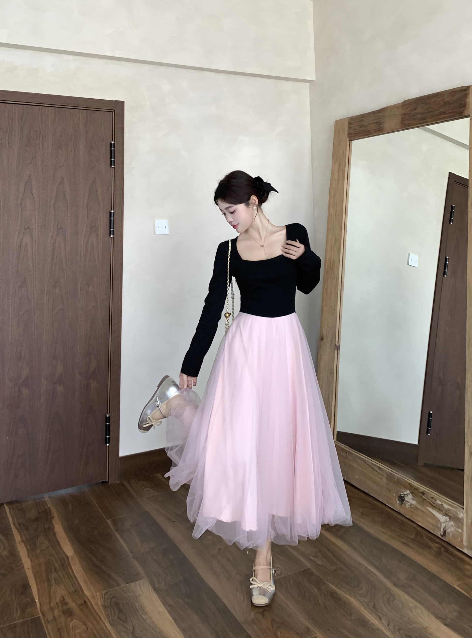 실사 빅 사이즈 프랑스식 발레 바람 배색 패치워크 하이웨이스트 드레스 가을 겨울 2025 새로운 천 골드 센스 기본 스커트 상세 이미지 5