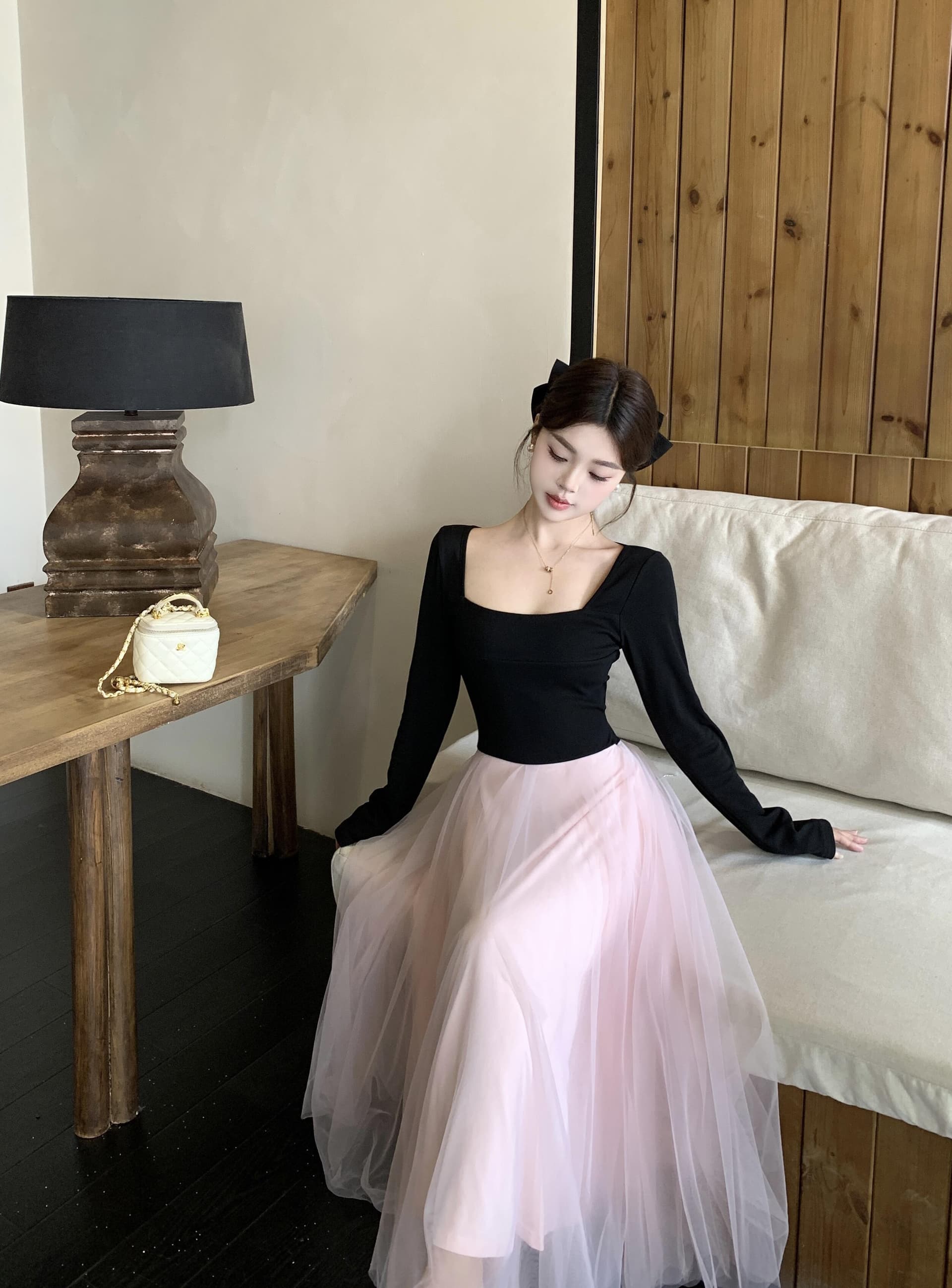실사 빅 사이즈 프랑스식 발레 바람 배색 패치워크 하이웨이스트 드레스 가을 겨울 2025 새로운 천 골드 센스 기본 스커트 상세 이미지 11