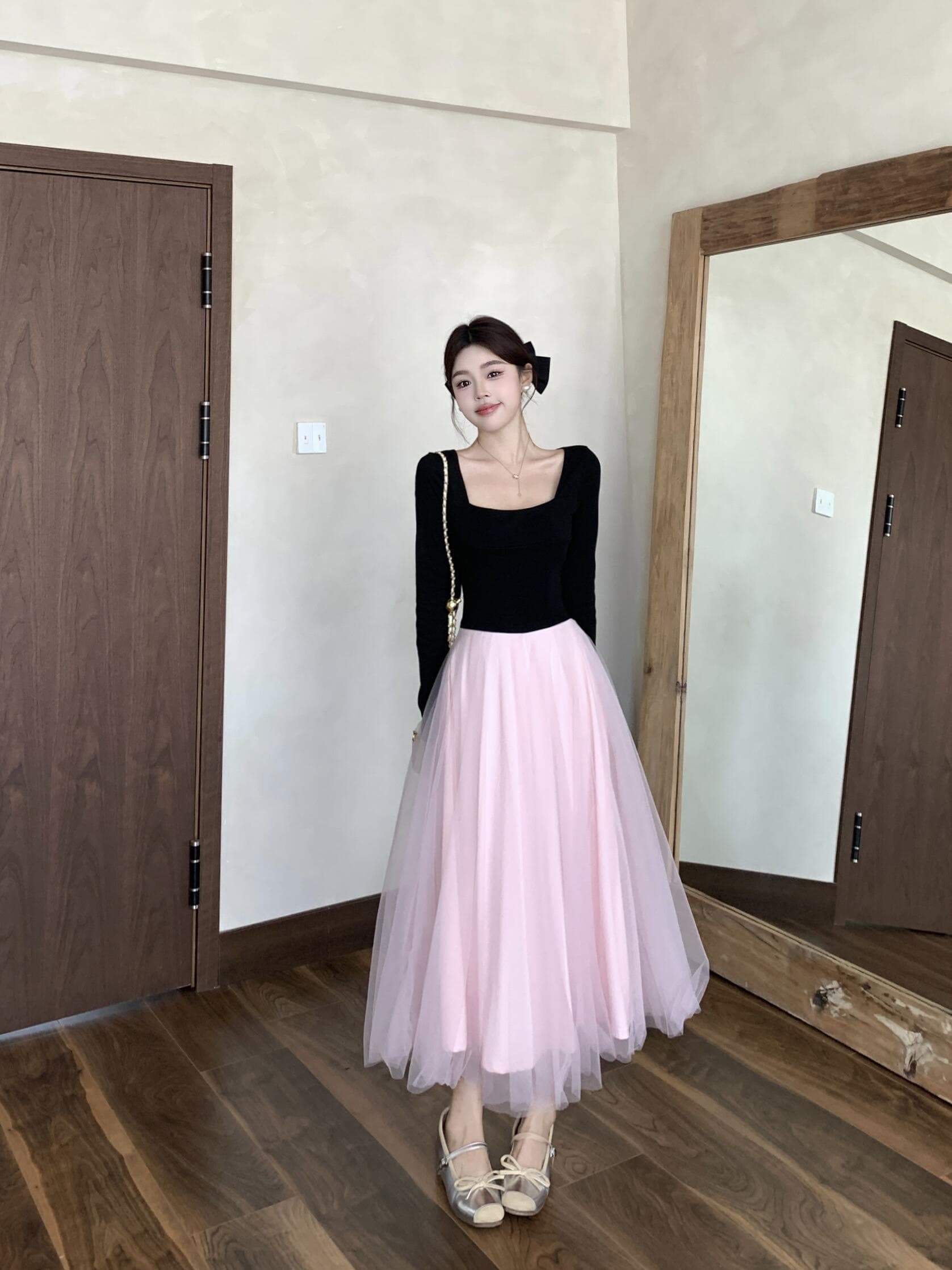 실사 빅 사이즈 프랑스식 발레 바람 배색 패치워크 하이웨이스트 드레스 가을 겨울 2025 새로운 천 골드 센스 기본 스커트 상세 이미지 17