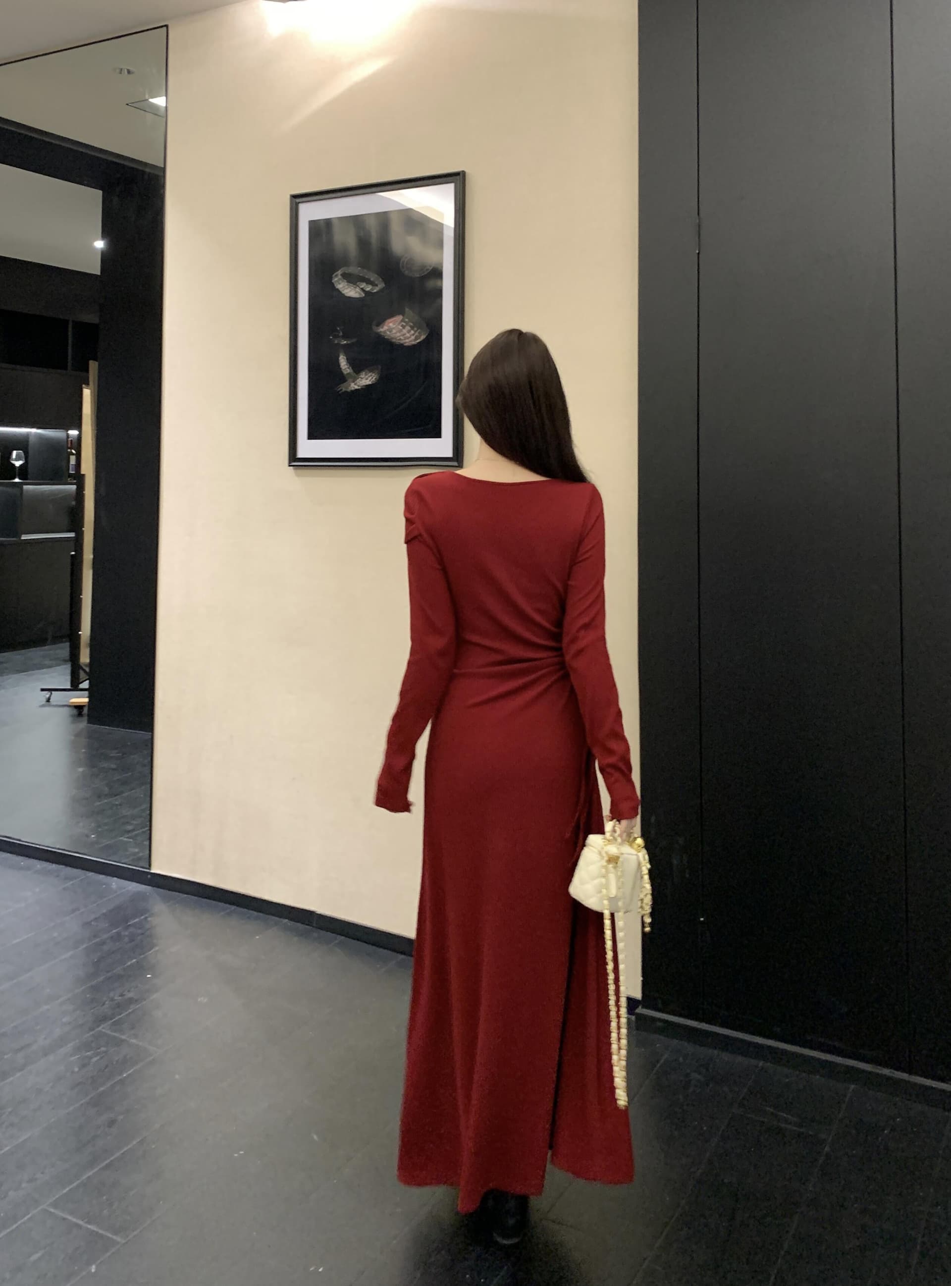 실사 빅 사이즈 프랑스식 고급 센스 허리 수축 빨간색 토스트 서비스 드레스 가을 겨울 슬림해 보이는 품격 신부 뒷문 서비스 상세 이미지 5