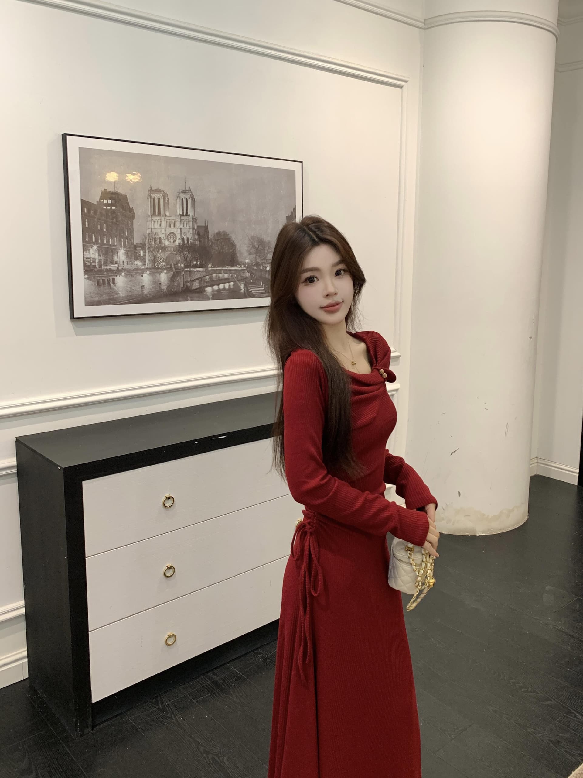 실사 빅 사이즈 프랑스식 고급 센스 허리 수축 빨간색 토스트 서비스 드레스 가을 겨울 슬림해 보이는 품격 신부 뒷문 서비스 상세 이미지 12