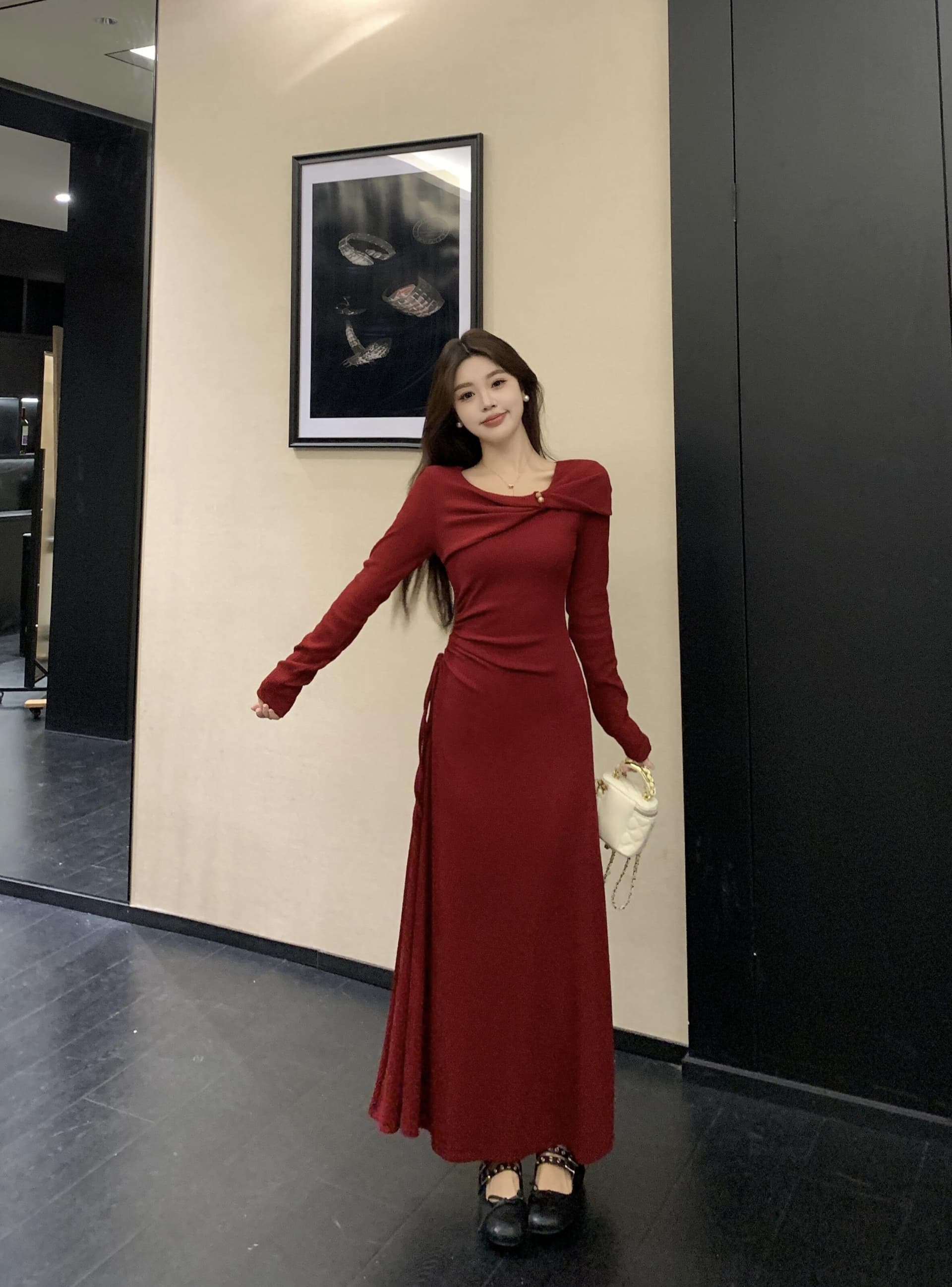 실사 빅 사이즈 프랑스식 고급 센스 허리 수축 빨간색 토스트 서비스 드레스 가을 겨울 슬림해 보이는 품격 신부 뒷문 서비스 상세 이미지 15
