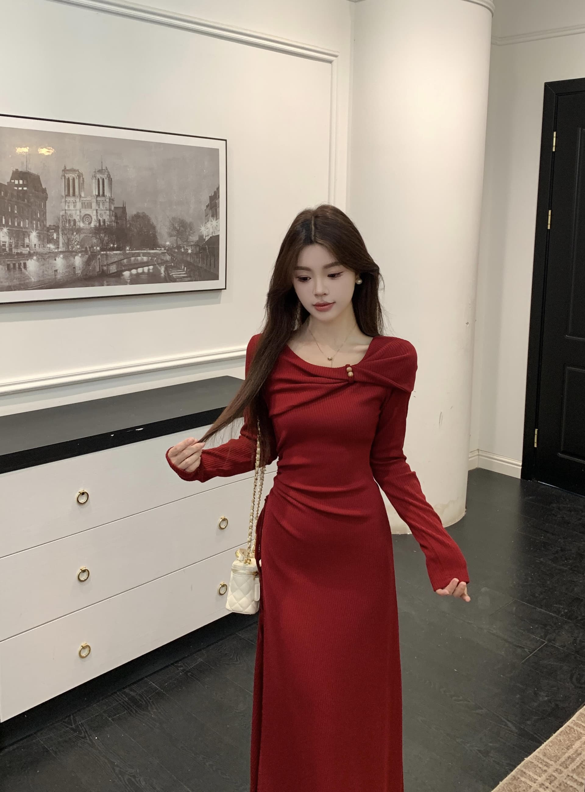 실사 빅 사이즈 프랑스식 고급 센스 허리 수축 빨간색 토스트 서비스 드레스 가을 겨울 슬림해 보이는 품격 신부 뒷문 서비스 상세 이미지 19