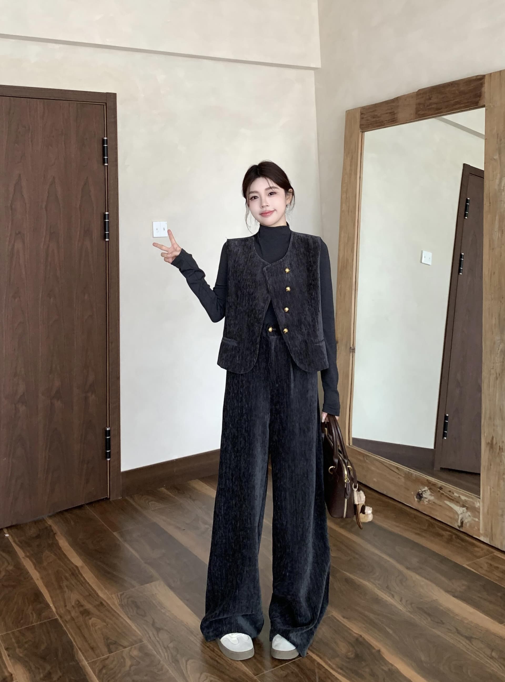 실사 빅 사이즈 캐주얼 베스트 와이드 레그 팬츠 세트 가을 겨울 오래된 돈 바람 3종 세트 착용 가져 가라. 관대 한 점잖은 연령 감소 상세 이미지 2