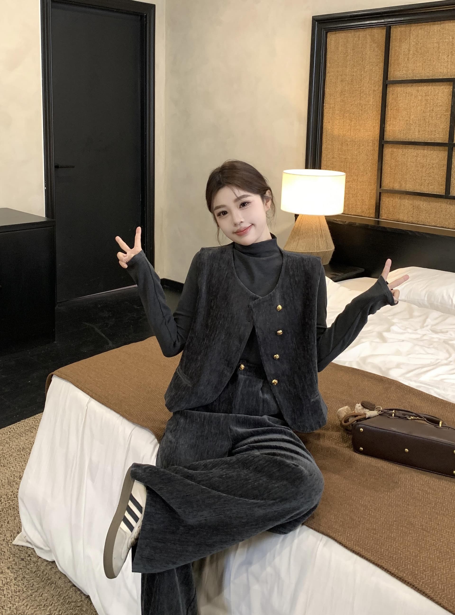 실사 빅 사이즈 캐주얼 베스트 와이드 레그 팬츠 세트 가을 겨울 오래된 돈 바람 3종 세트 착용 가져 가라. 관대 한 점잖은 연령 감소 상세 이미지 8