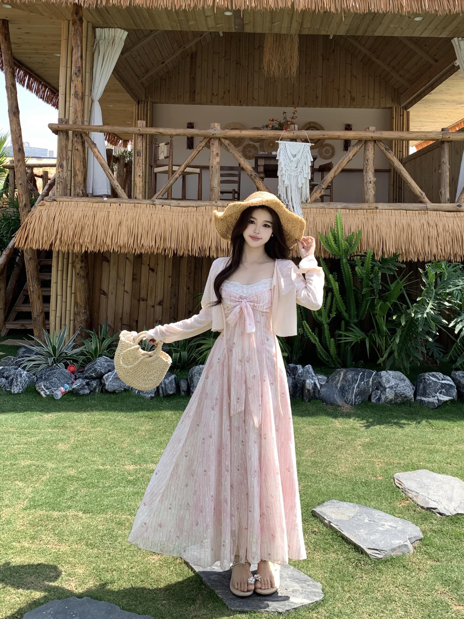 실사 빅 사이즈 프랑스식 가스 질감 꽃무늬 여성 드레스 2026 봄 여름 새로운 허리 수축 슬림해 보이는 한 마디 중간 길이 스커트 이미지 4