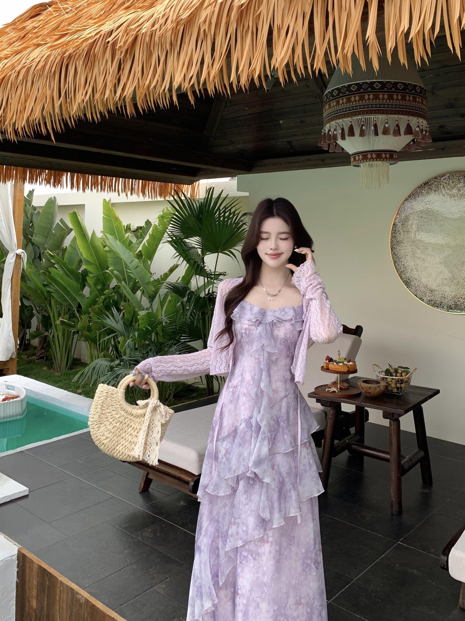 실사 빅 사이즈 봄 여름 프랑스식 아름다운 프릴 보라색 꽃무늬 슬립 드레스 오픈 가디건 두 조각 여성 세트 상세 이미지 4