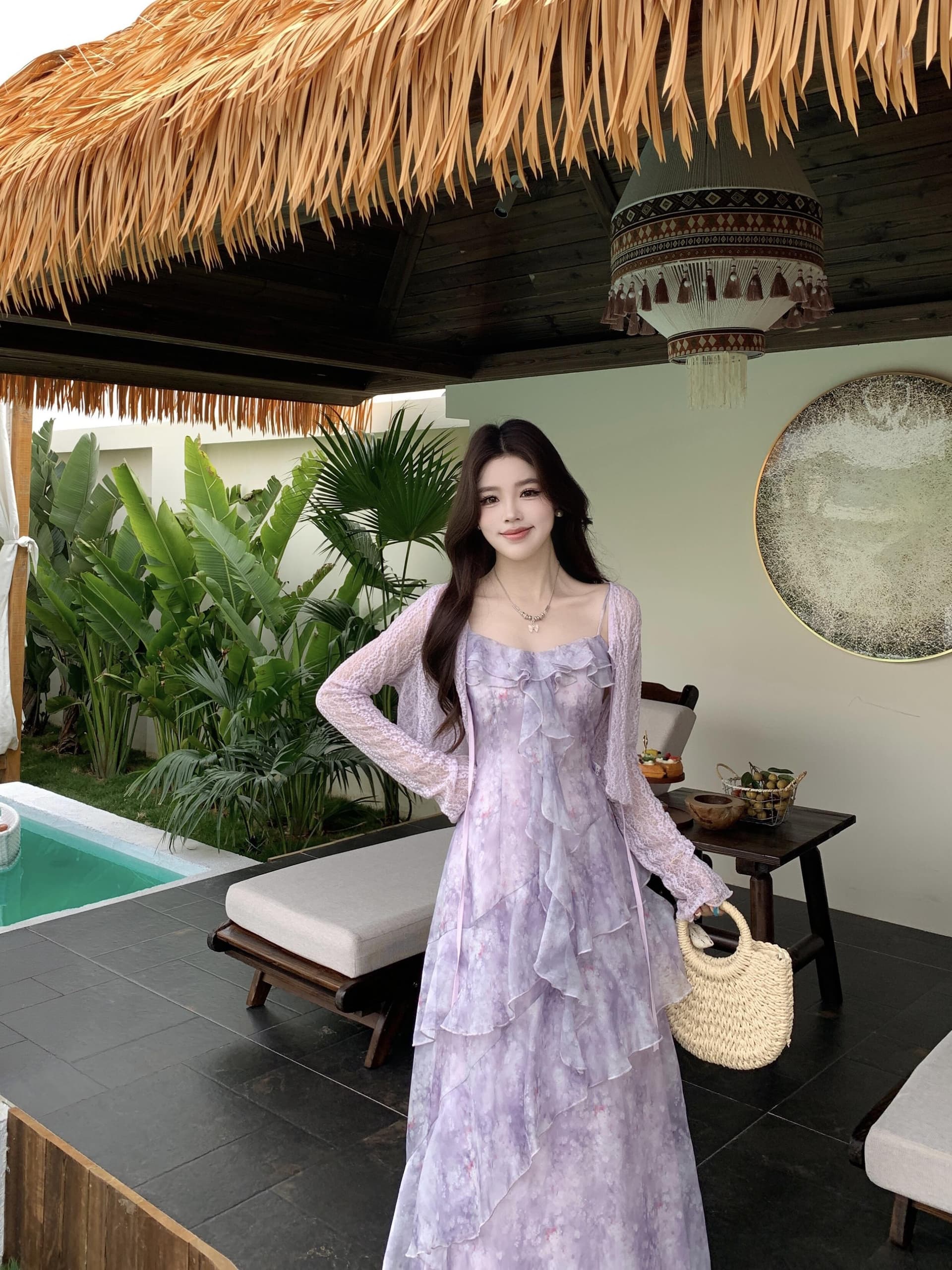 실사 빅 사이즈 봄 여름 프랑스식 아름다운 프릴 보라색 꽃무늬 슬립 드레스 오픈 가디건 두 조각 여성 세트 상세 이미지 12