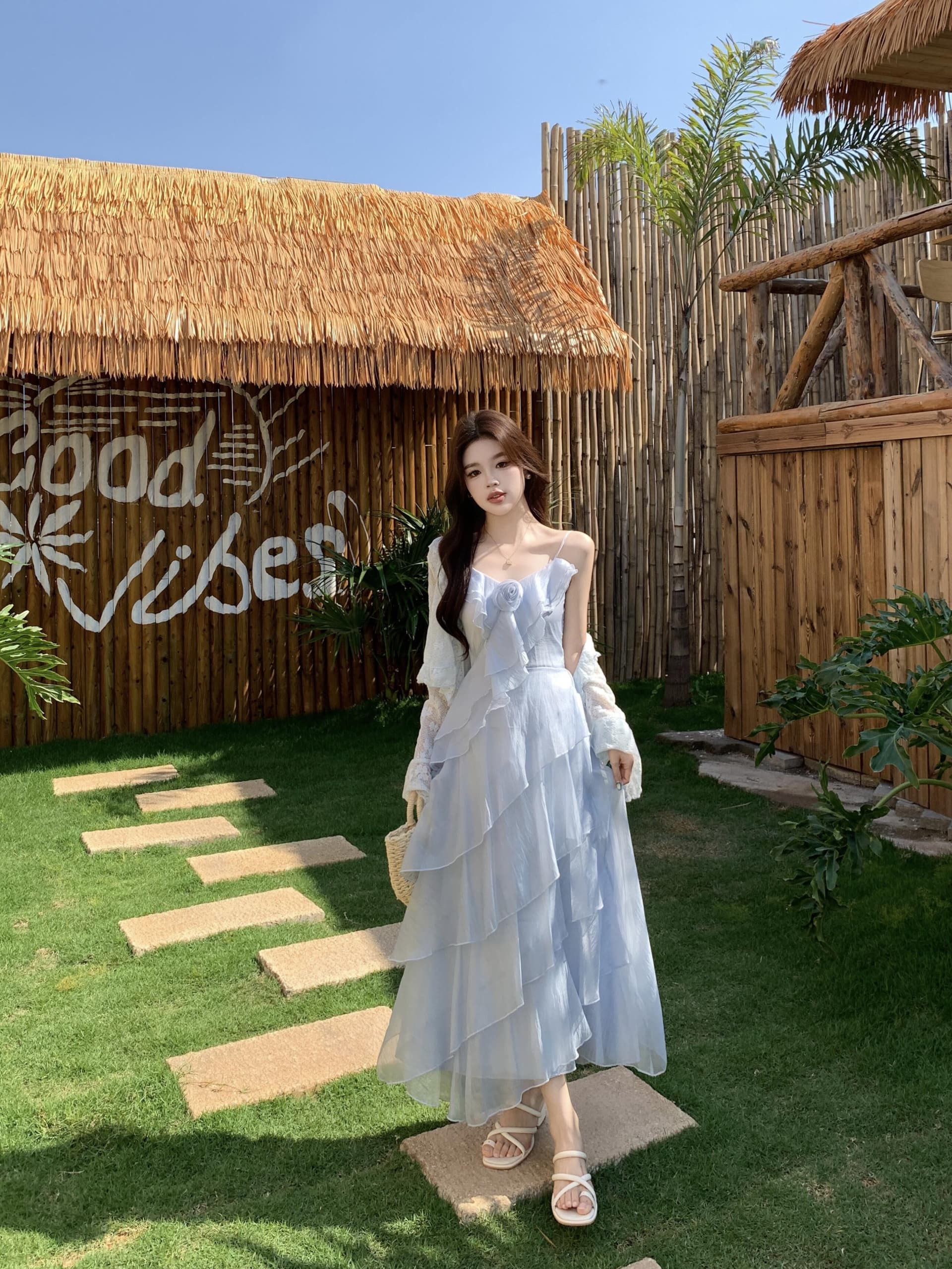 실사 빅 사이즈 여름 새로운 프랑스식 휴가 바람이 아닙니다. 규칙 프릴 아름다운 슬립 드레스 오픈 가디건 이미지 2