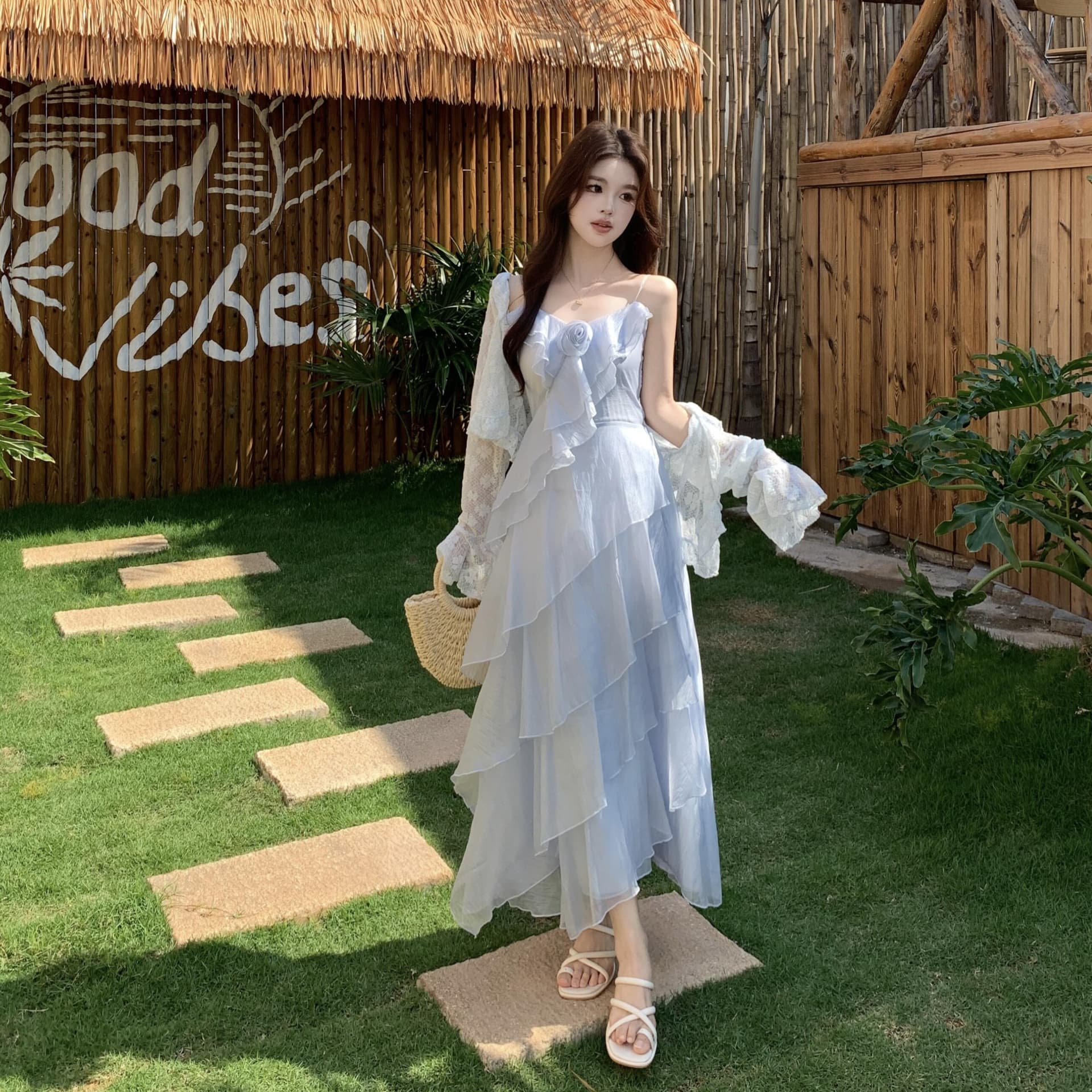 실사 빅 사이즈 여름 새로운 프랑스식 휴가 바람이 아닙니다. 규칙 프릴 아름다운 슬립 드레스 오픈 가디건 이미지 5