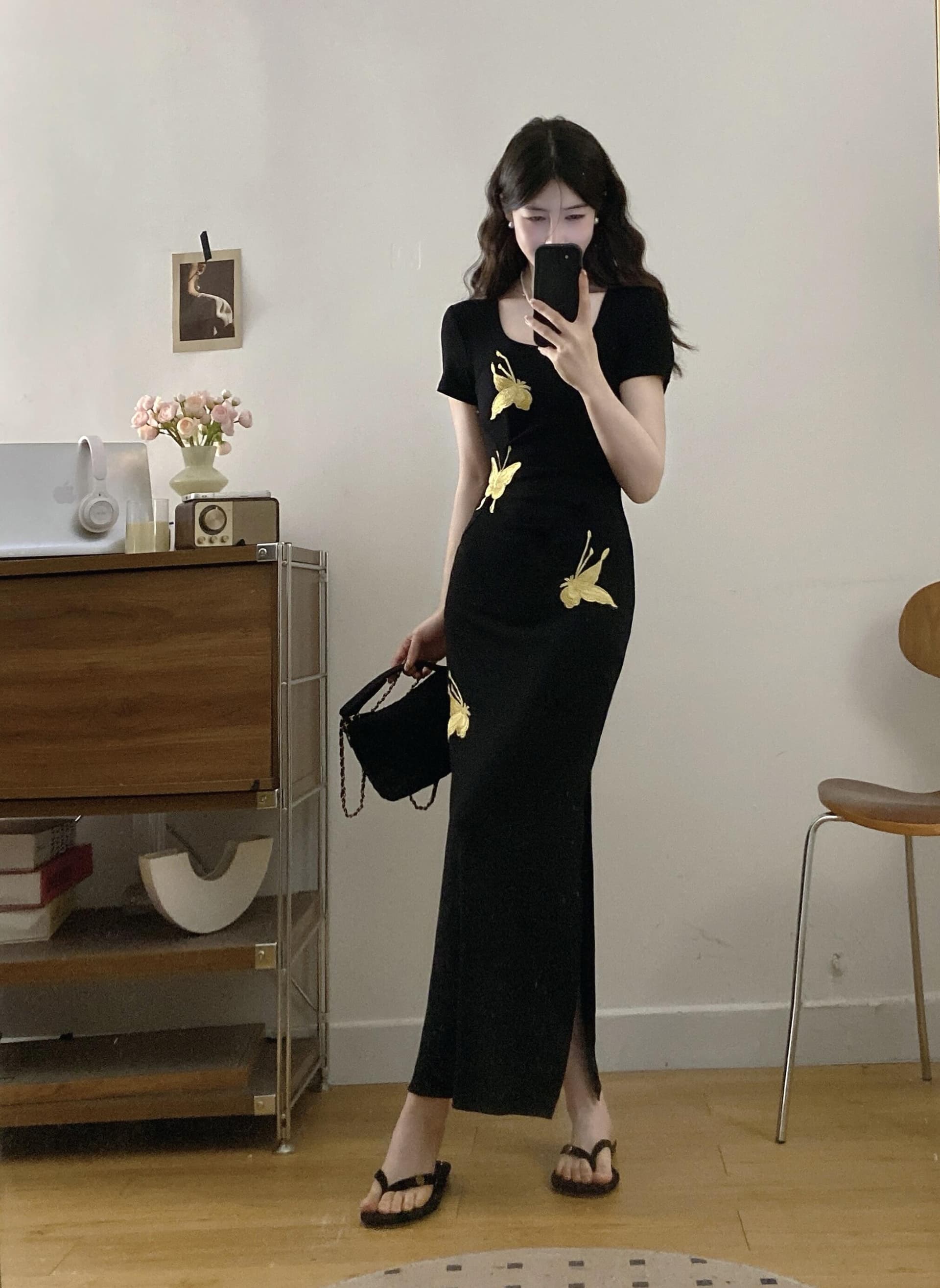 실사 빅 사이즈 레트로 나비 프린트 반팔 허리 수축 봄 여름 새로운 양면 트임 슬림해 보이는 드레스 이미지 3