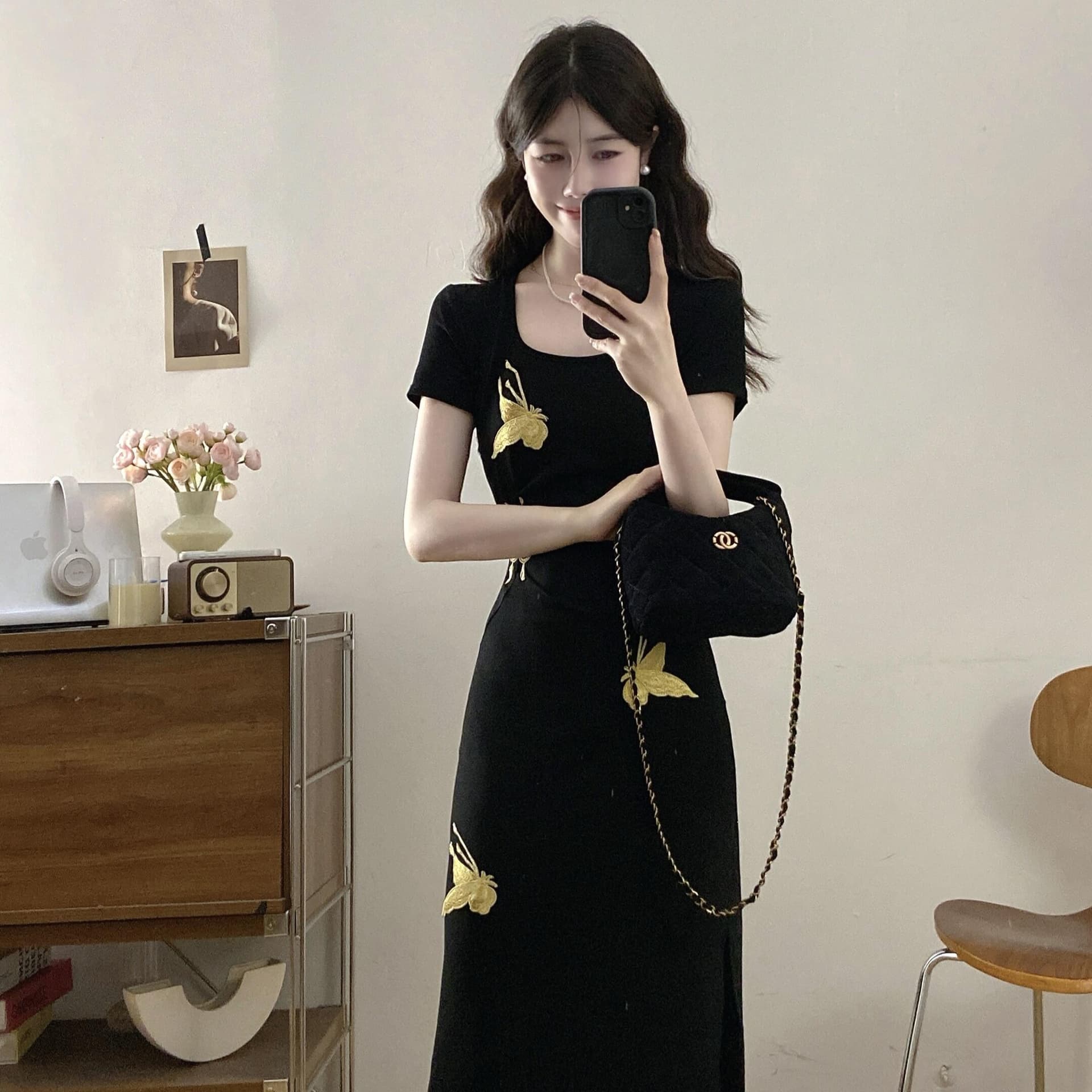 실사 빅 사이즈 레트로 나비 프린트 반팔 허리 수축 봄 여름 새로운 양면 트임 슬림해 보이는 드레스 이미지 6