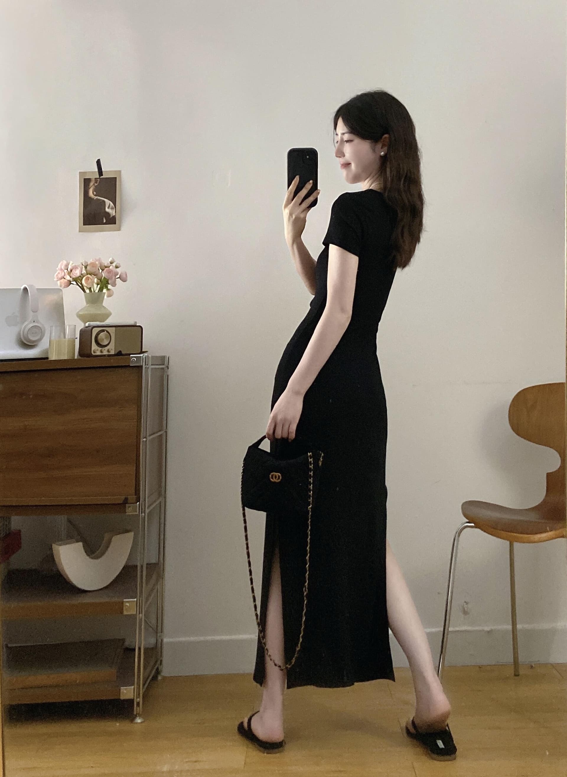 실사 빅 사이즈 레트로 나비 프린트 반팔 허리 수축 봄 여름 새로운 양면 트임 슬림해 보이는 드레스 상세 이미지 9
