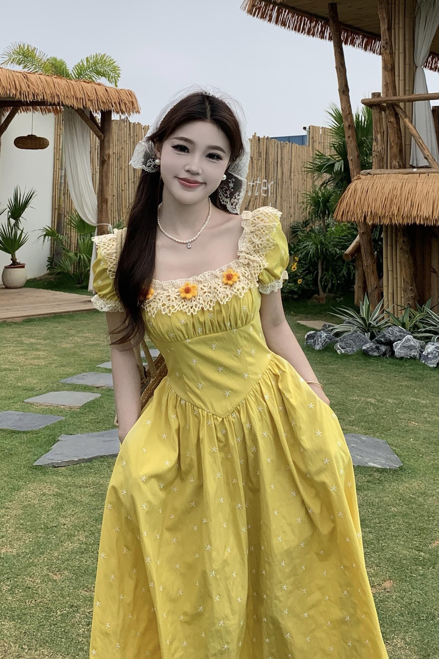 실사 빅 사이즈 프랑스식 황색 여성 드레스 여름 새로운 휴가 바람 고급 센스 하이웨이스트 슬림해 보이는 롱 스커트 이미지 7