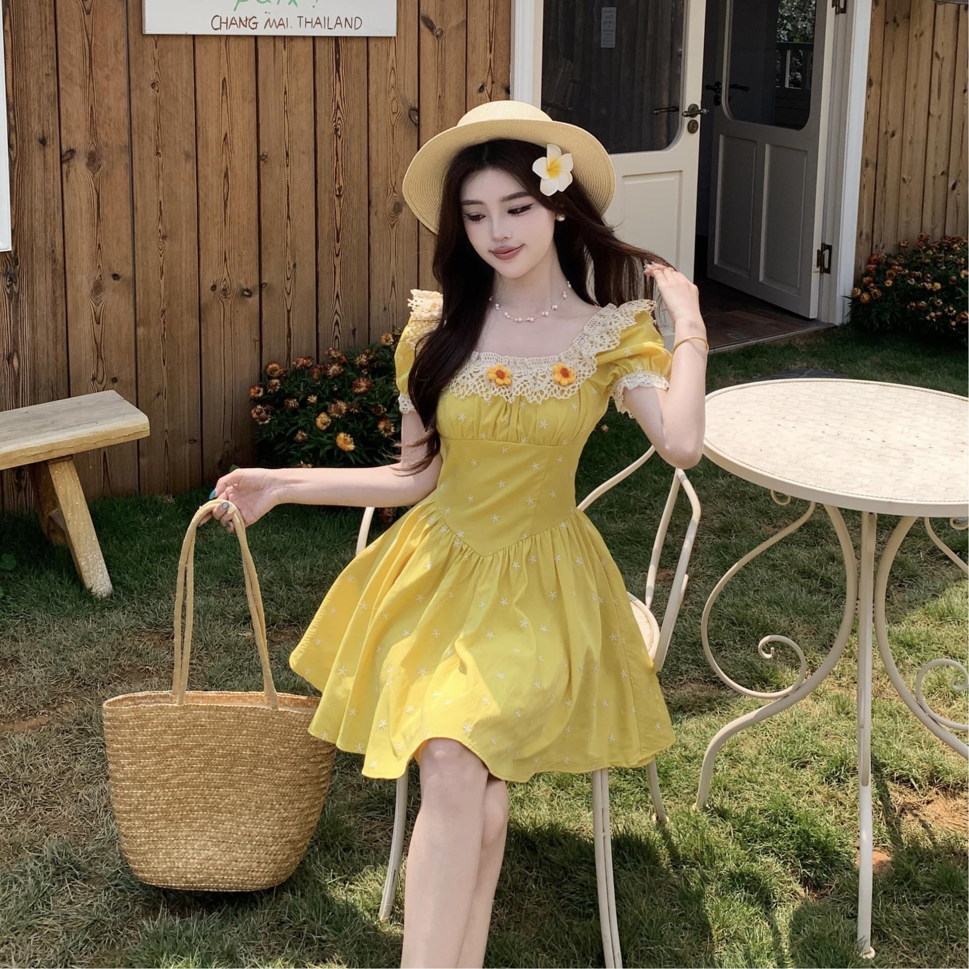 실사 빅 사이즈 프랑스식 황색 여성 드레스 여름 새로운 휴가 바람 고급 센스 하이웨이스트 슬림해 보이는 롱 스커트 이미지 6
