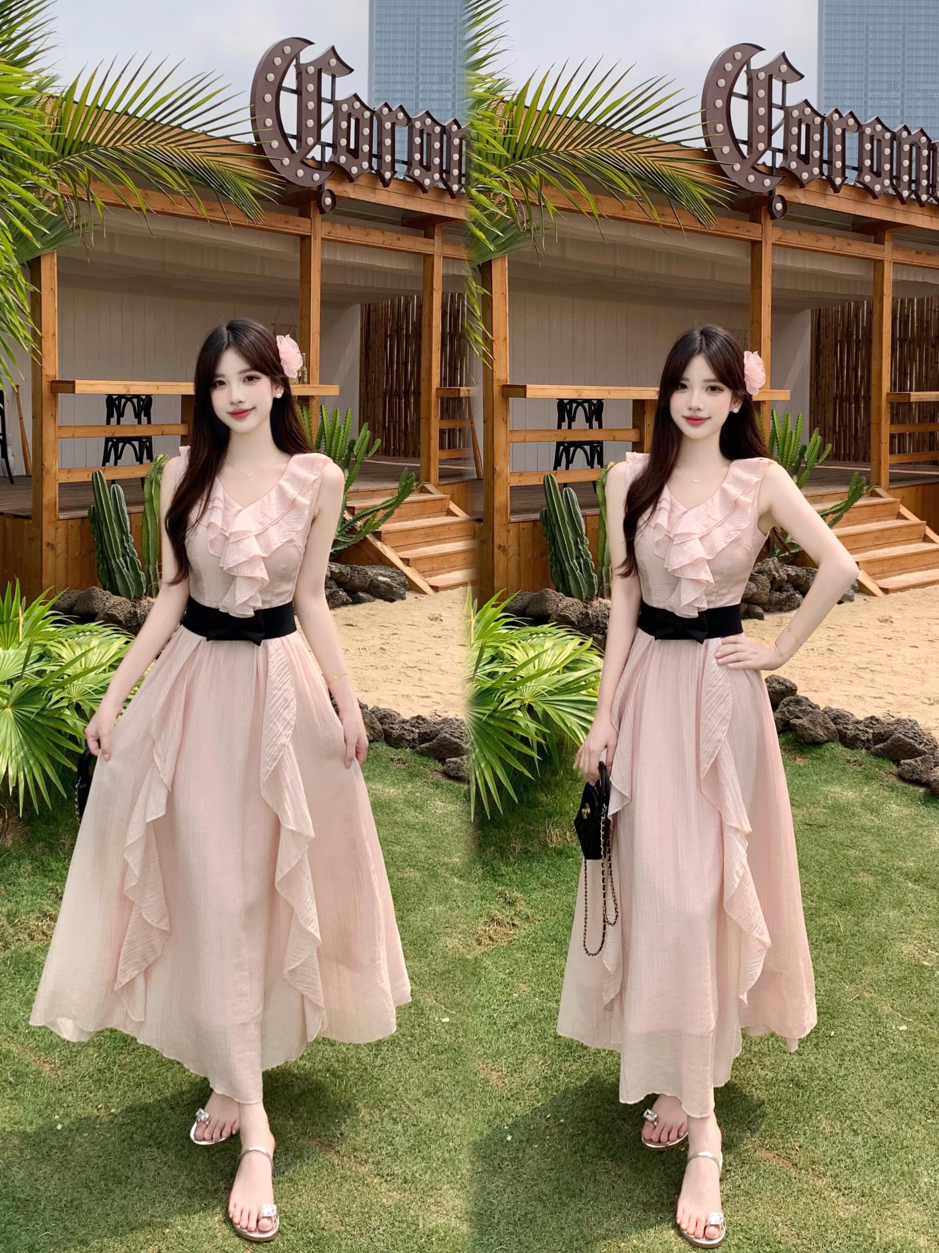 실사 빅 사이즈 맑은 눈 팅 블루 프랑스식 디자인 센스 프릴 하이웨이스트 섹션 요정 치마 휴가 드레스 이미지 2