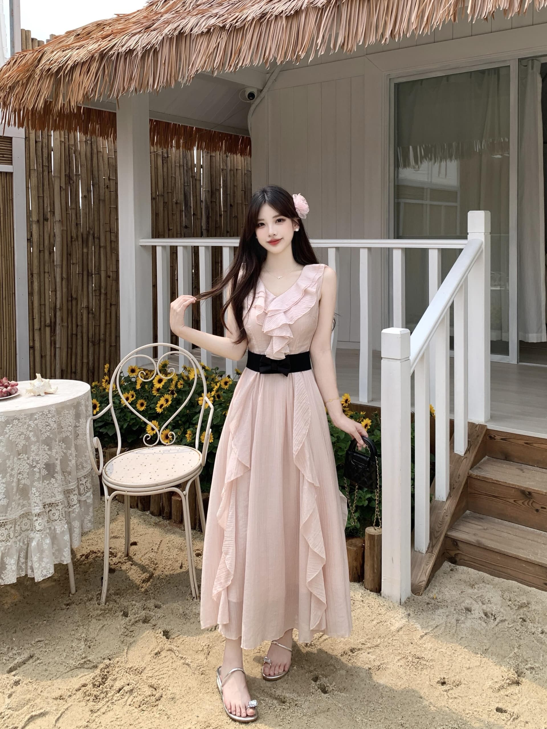 실사 빅 사이즈 맑은 눈 팅 블루 프랑스식 디자인 센스 프릴 하이웨이스트 섹션 요정 치마 휴가 드레스 이미지 3