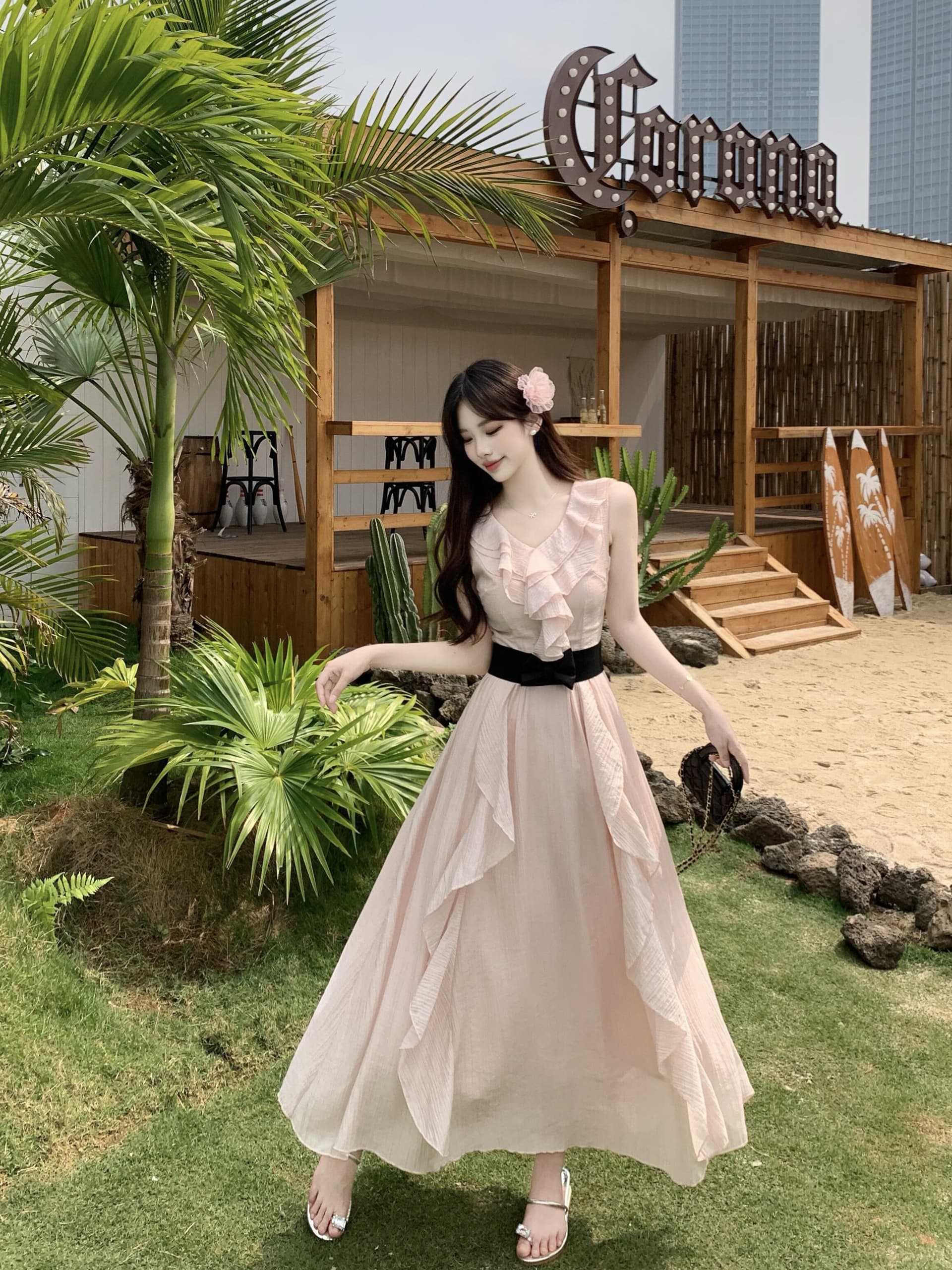 실사 빅 사이즈 맑은 눈 팅 블루 프랑스식 디자인 센스 프릴 하이웨이스트 섹션 요정 치마 휴가 드레스 이미지 5