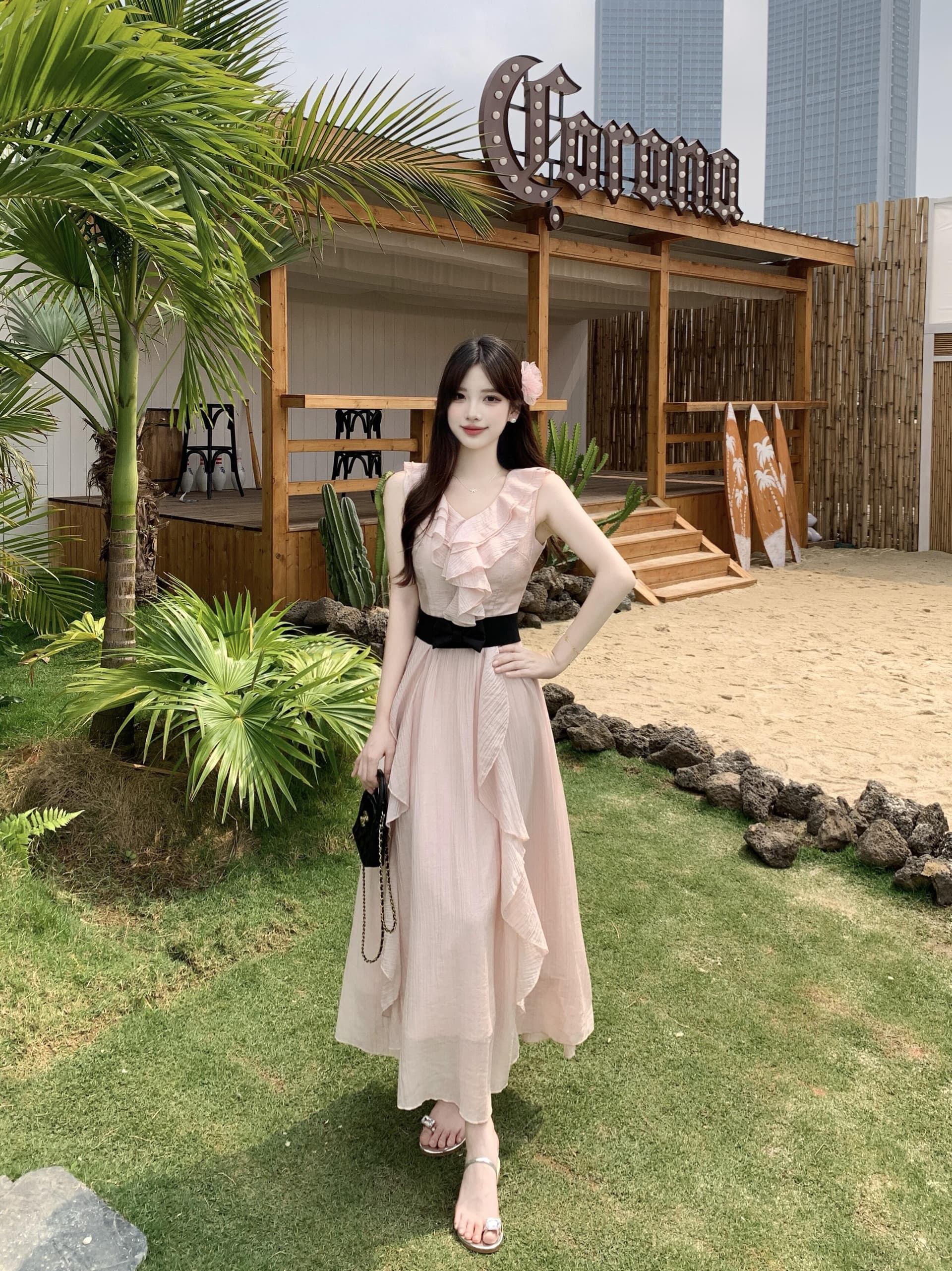 실사 빅 사이즈 맑은 눈 팅 블루 프랑스식 디자인 센스 프릴 하이웨이스트 섹션 요정 치마 휴가 드레스 상세 이미지 7