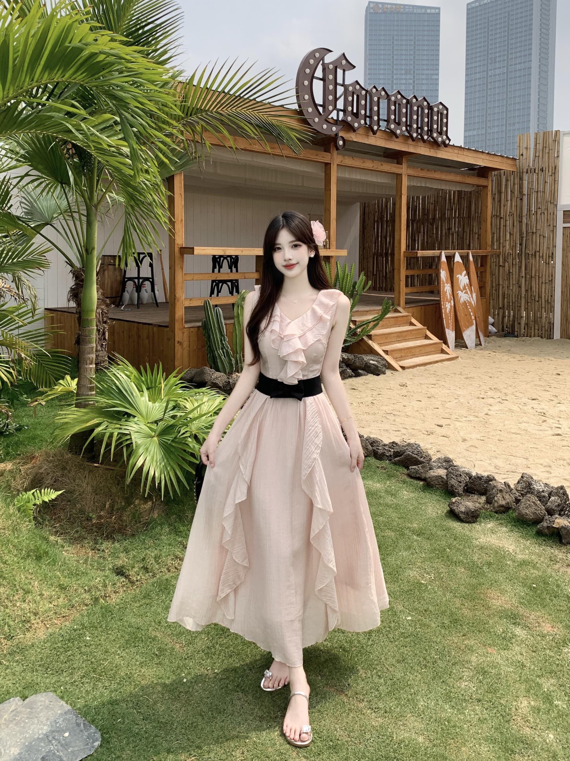 실사 빅 사이즈 맑은 눈 팅 블루 프랑스식 디자인 센스 프릴 하이웨이스트 섹션 요정 치마 휴가 드레스 상세 이미지 8