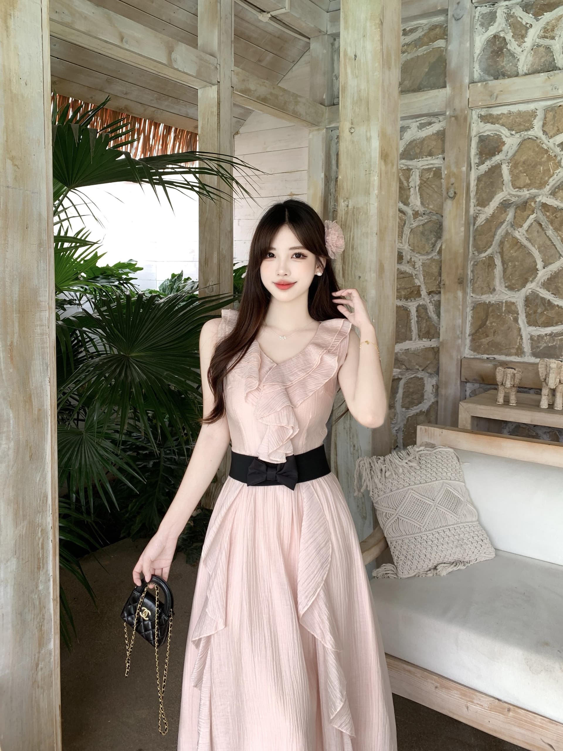 실사 빅 사이즈 맑은 눈 팅 블루 프랑스식 디자인 센스 프릴 하이웨이스트 섹션 요정 치마 휴가 드레스 상세 이미지 11