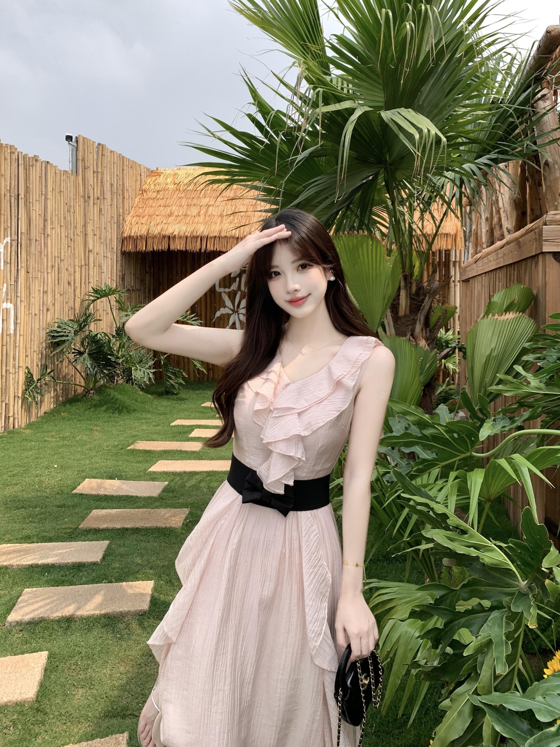 실사 빅 사이즈 맑은 눈 팅 블루 프랑스식 디자인 센스 프릴 하이웨이스트 섹션 요정 치마 휴가 드레스 상세 이미지 13