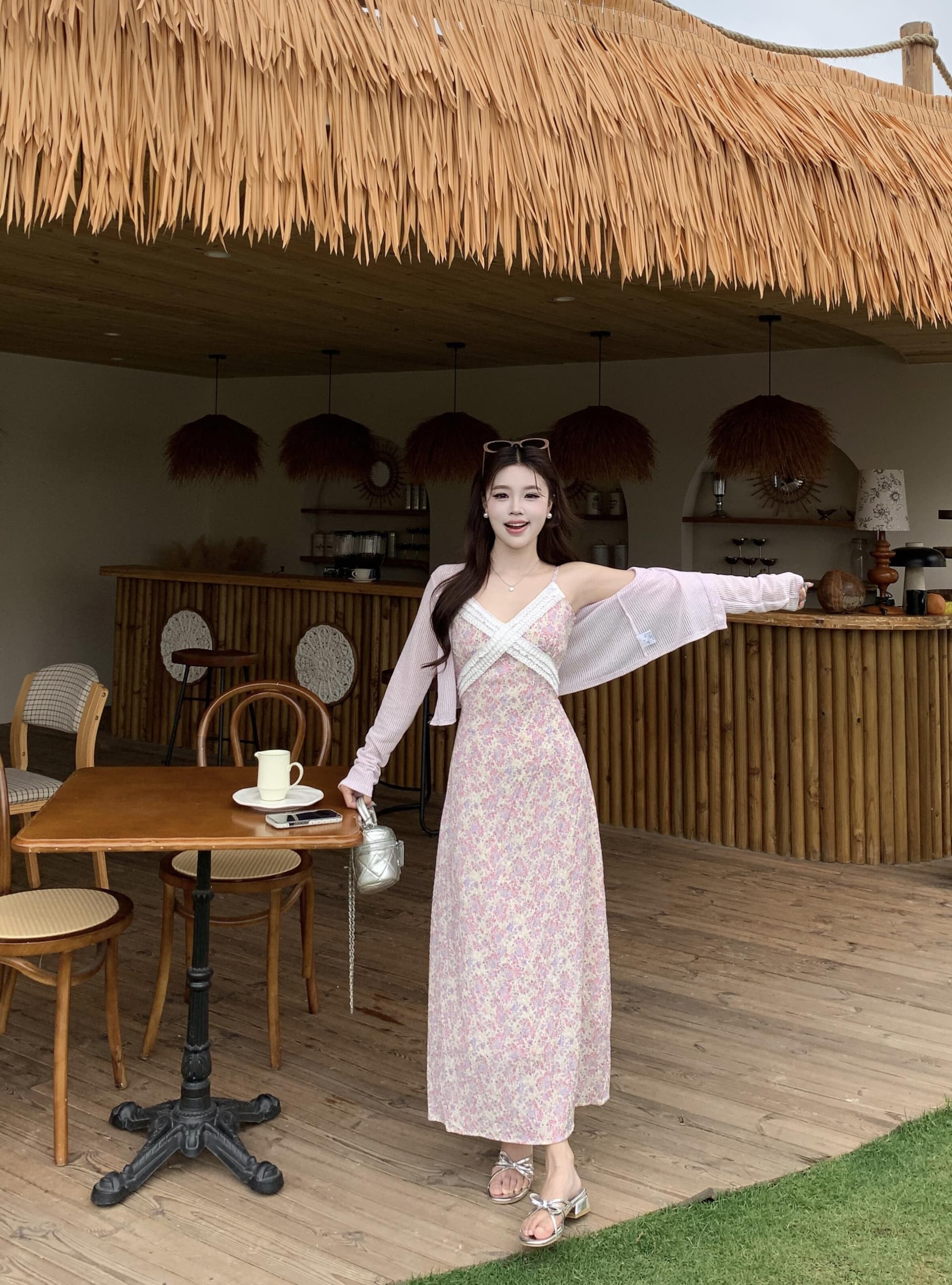 실사 빅 사이즈 꽃 안개 보라색 한국 스타일 V넥 슬립 꽃무늬 여성 드레스 부드러운 품격 휴가 바람 여름 롱 스커트 이미지 5