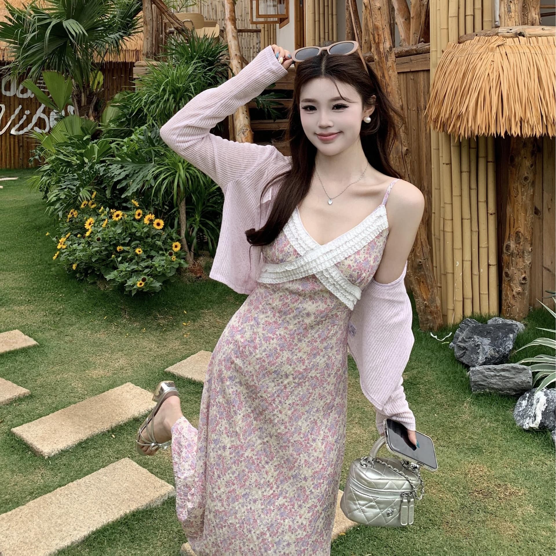 실사 빅 사이즈 꽃 안개 보라색 한국 스타일 V넥 슬립 꽃무늬 여성 드레스 부드러운 품격 휴가 바람 여름 롱 스커트 이미지 6