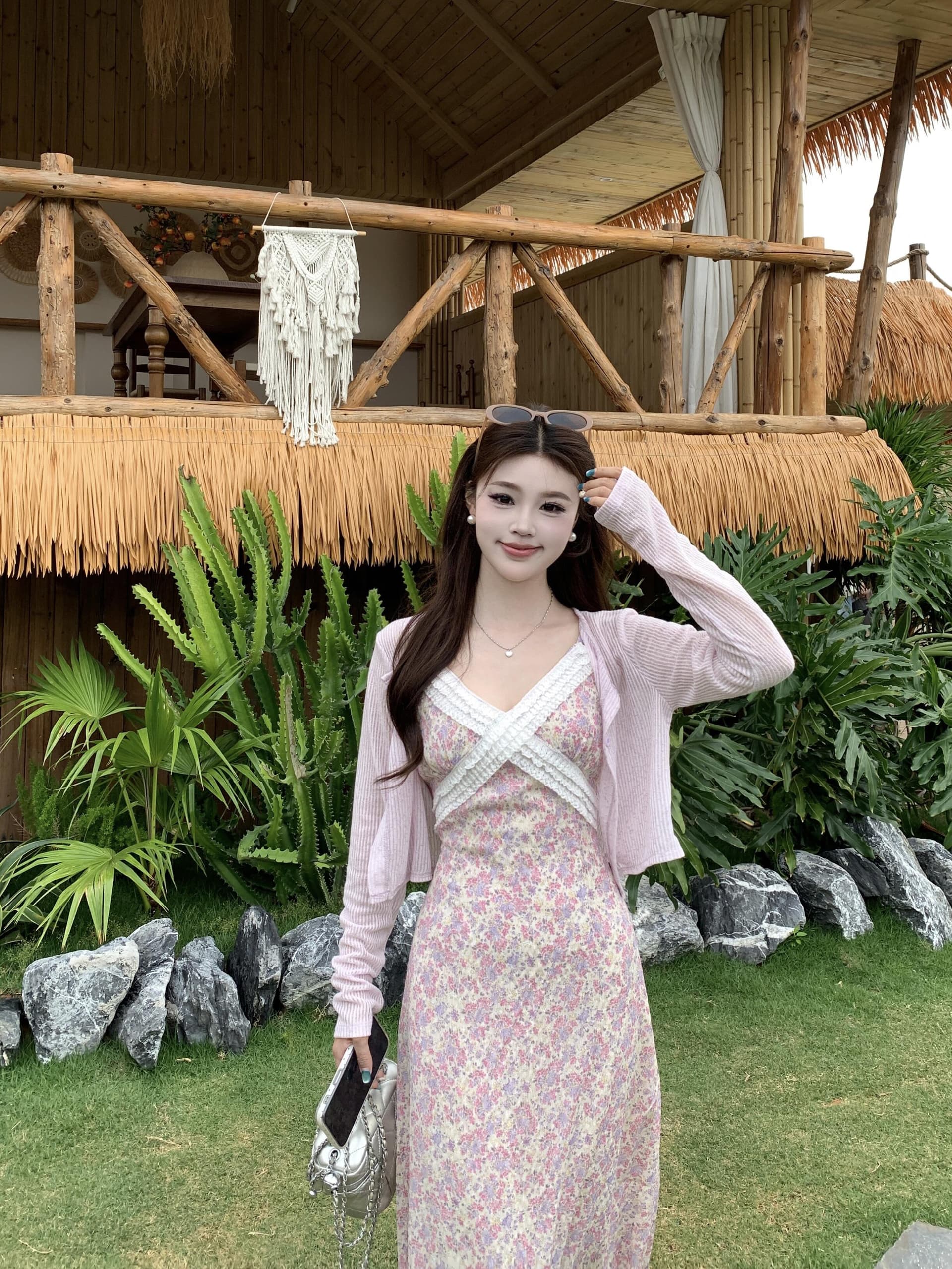 실사 빅 사이즈 꽃 안개 보라색 한국 스타일 V넥 슬립 꽃무늬 여성 드레스 부드러운 품격 휴가 바람 여름 롱 스커트 상세 이미지 9