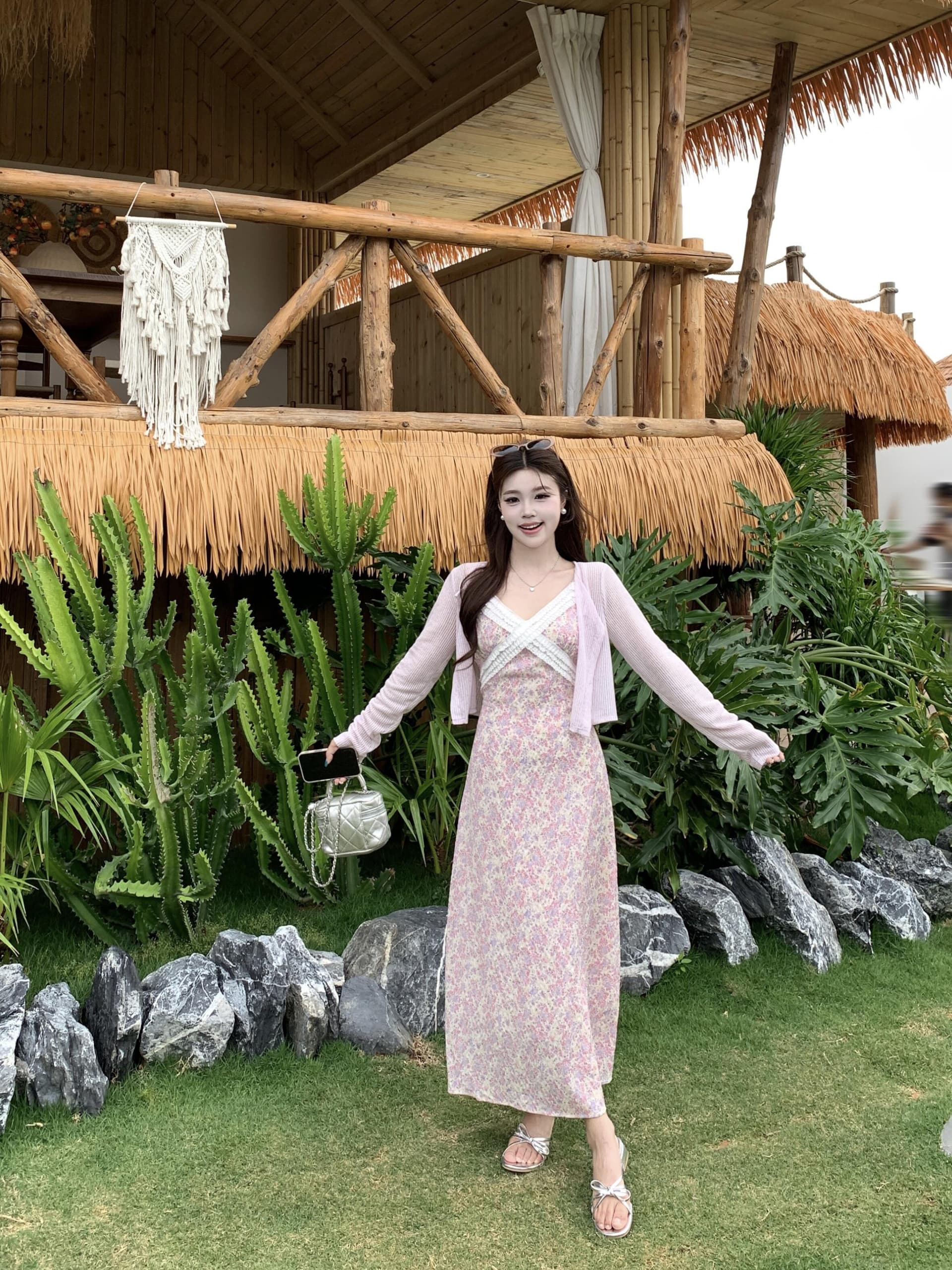 실사 빅 사이즈 꽃 안개 보라색 한국 스타일 V넥 슬립 꽃무늬 여성 드레스 부드러운 품격 휴가 바람 여름 롱 스커트 상세 이미지 11