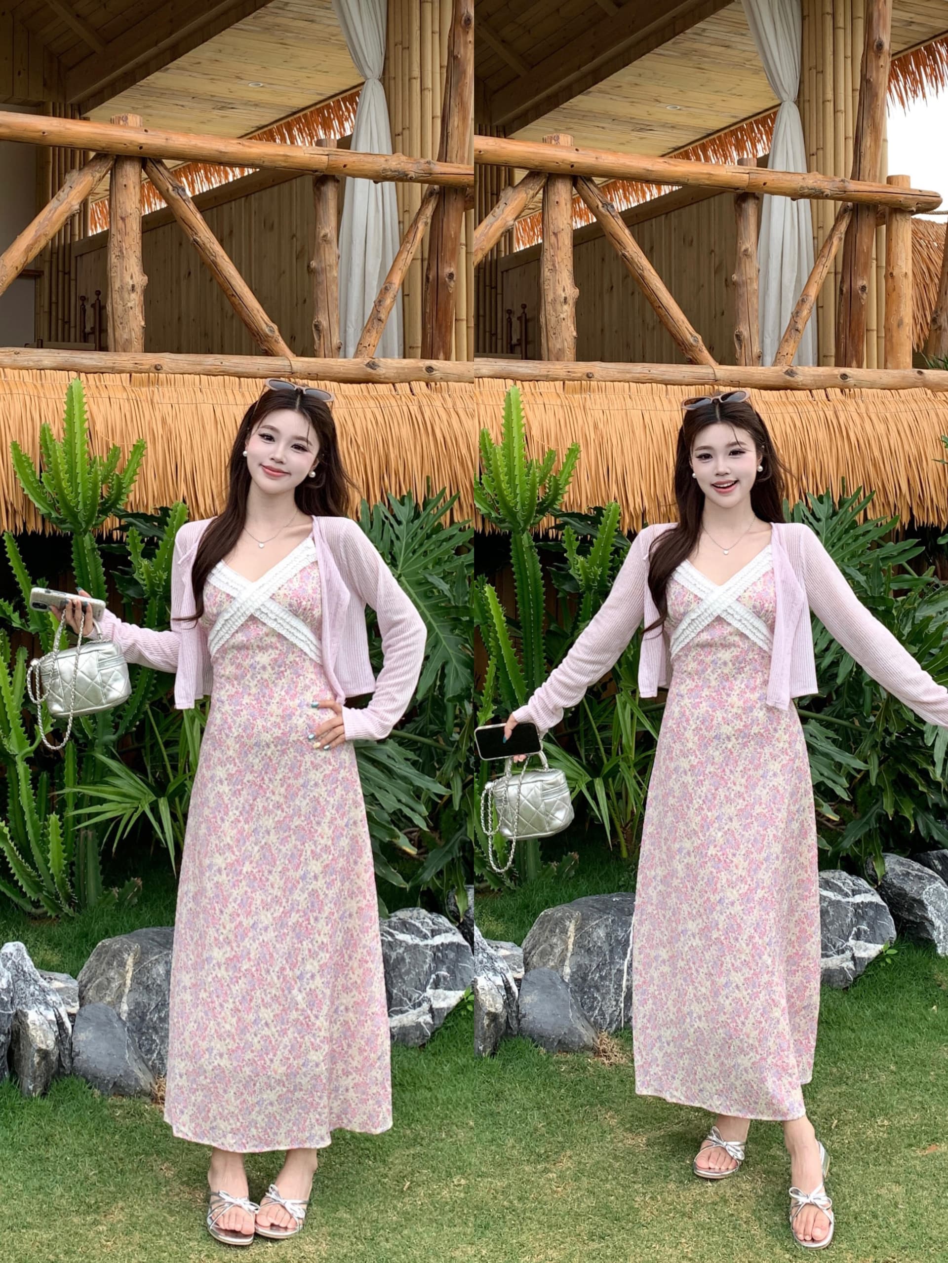 실사 빅 사이즈 꽃 안개 보라색 한국 스타일 V넥 슬립 꽃무늬 여성 드레스 부드러운 품격 휴가 바람 여름 롱 스커트 상세 이미지 17