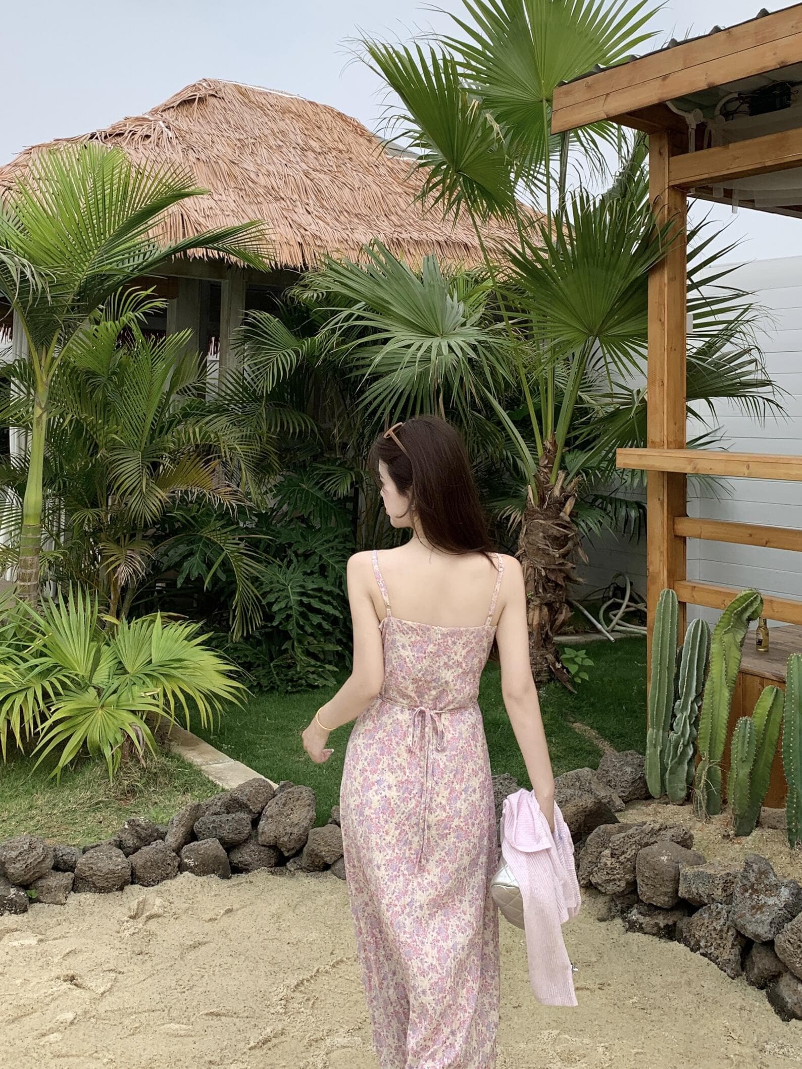 실사 빅 사이즈 꽃 안개 보라색 한국 스타일 V넥 슬립 꽃무늬 여성 드레스 부드러운 품격 휴가 바람 여름 롱 스커트 상세 이미지 19