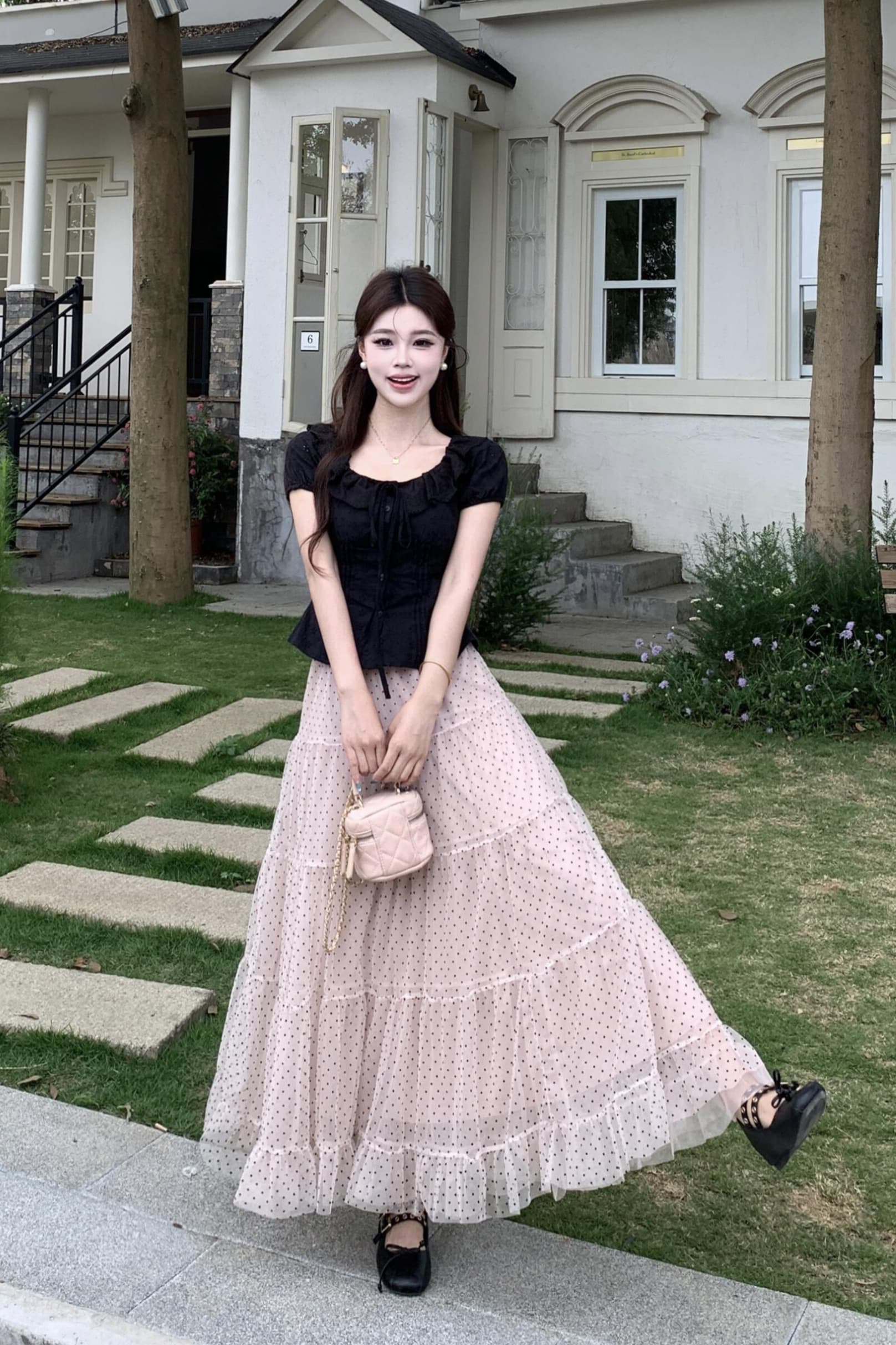 실사 빅 사이즈 레이스 조각 주름 맨위 허리밴드 도트 무늬 반신 스커트 하이웨이스트 한 마디 슬림해 보이는 롱 스커트 세트 이미지 6