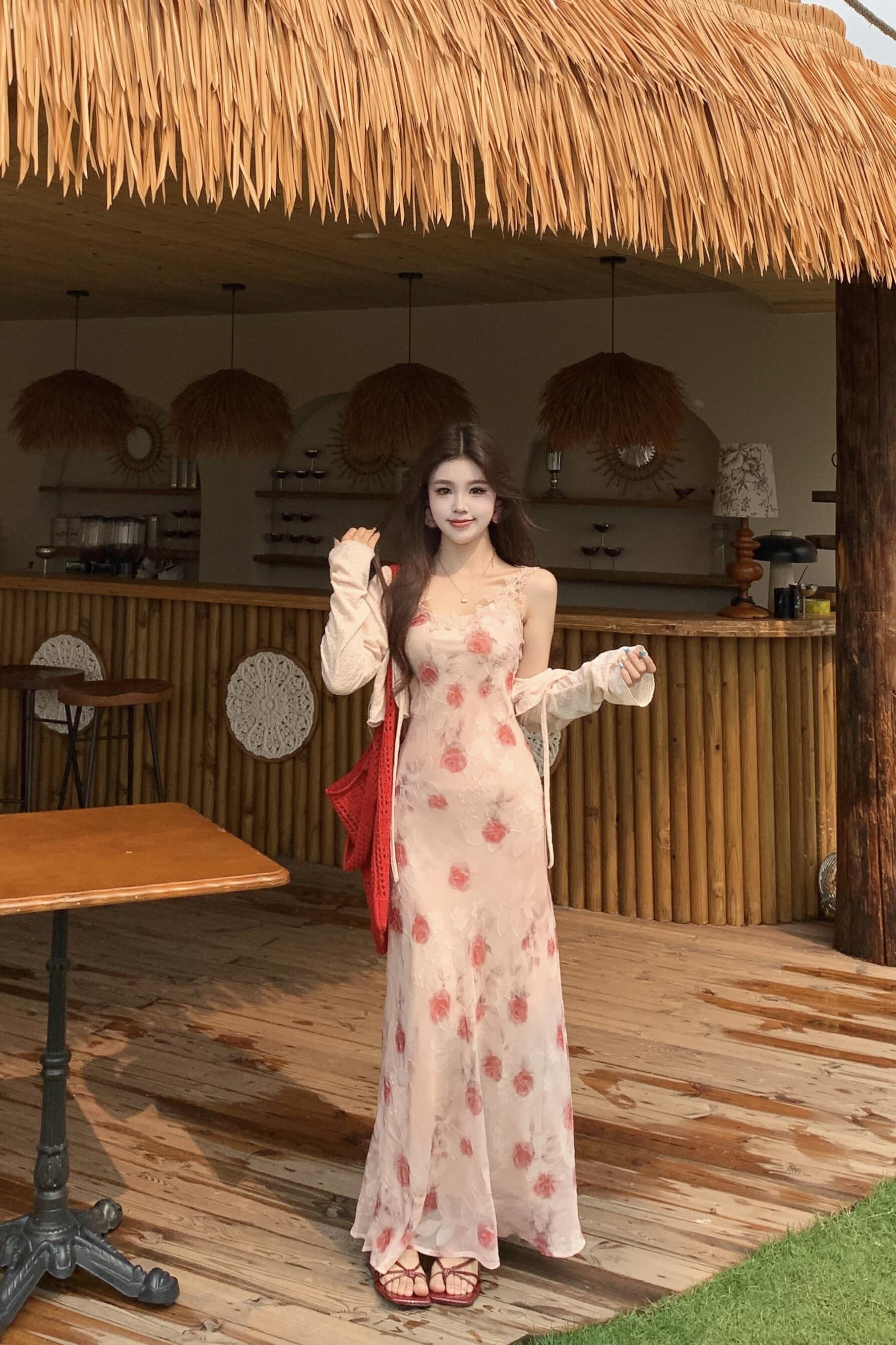 실사 빅 사이즈 달콤함 휴가 바람 허리 수축 꽃무늬 드레스 레이스 레이스 슬립 드레스 해변 롱 스커트 오픈 가디건 이미지 6