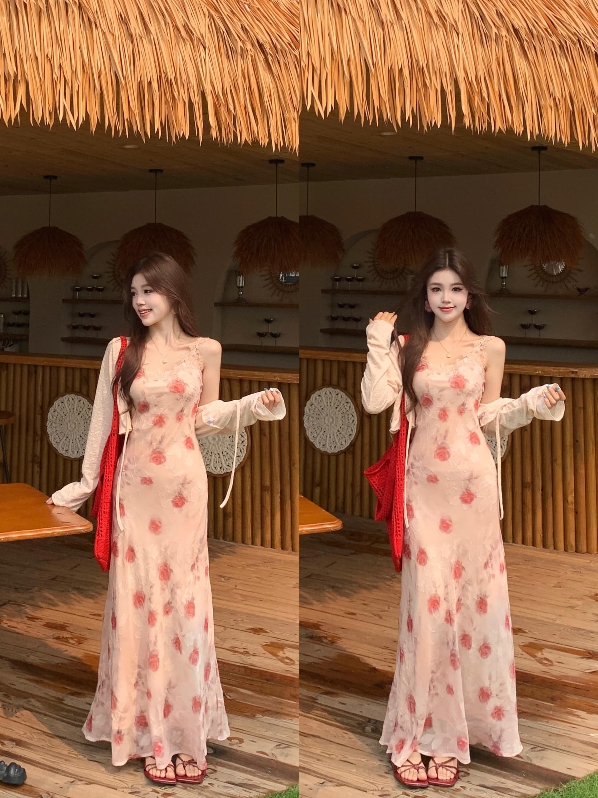 실사 빅 사이즈 달콤함 휴가 바람 허리 수축 꽃무늬 드레스 레이스 레이스 슬립 드레스 해변 롱 스커트 오픈 가디건 상세 이미지 18