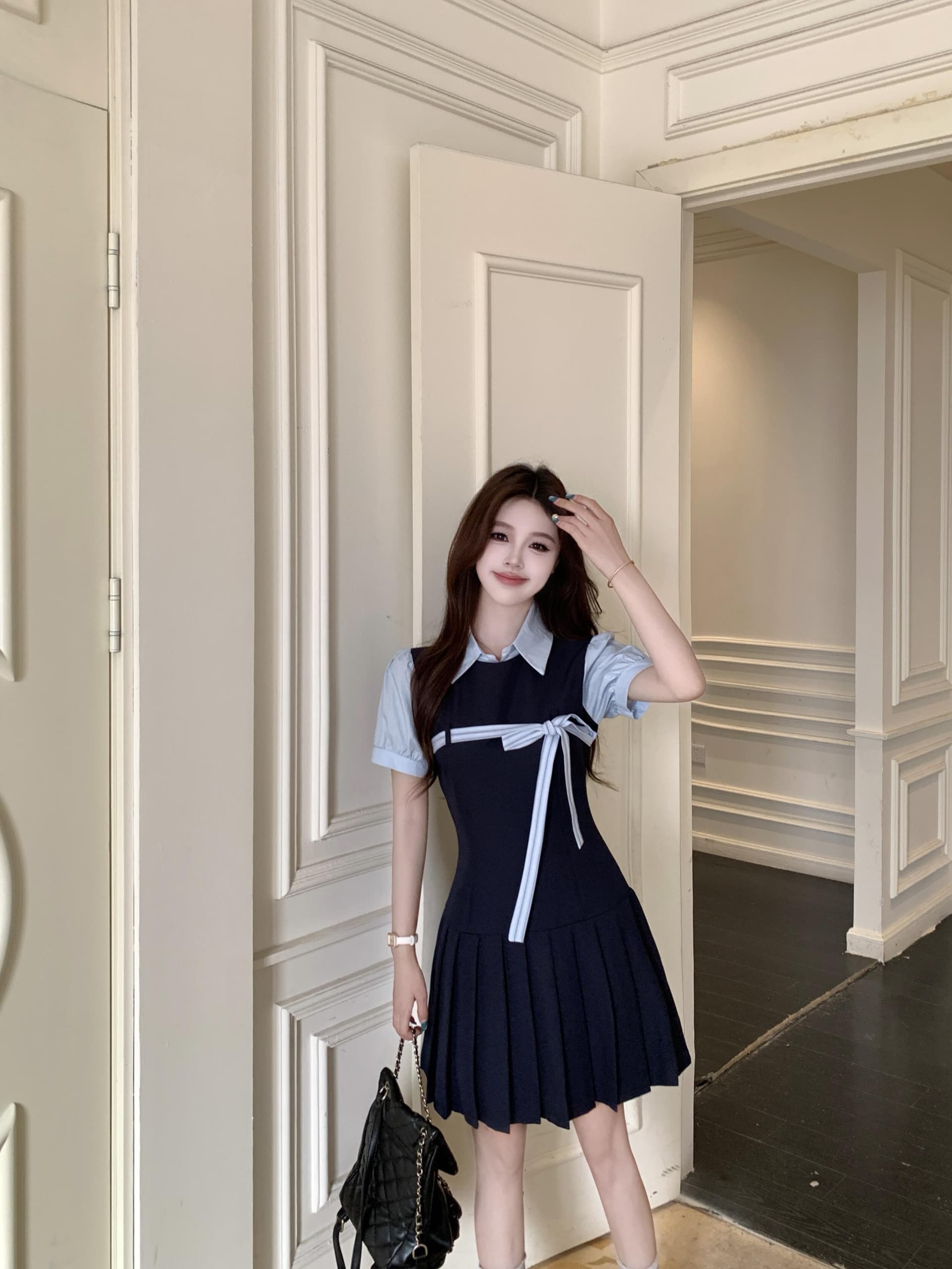실사 빅 사이즈 달콤함 miu 부서 학원 스타일 해군 드레스 새로운 페이크 레이어드 디자인 센스 플리츠 미니 스커트 이미지 2