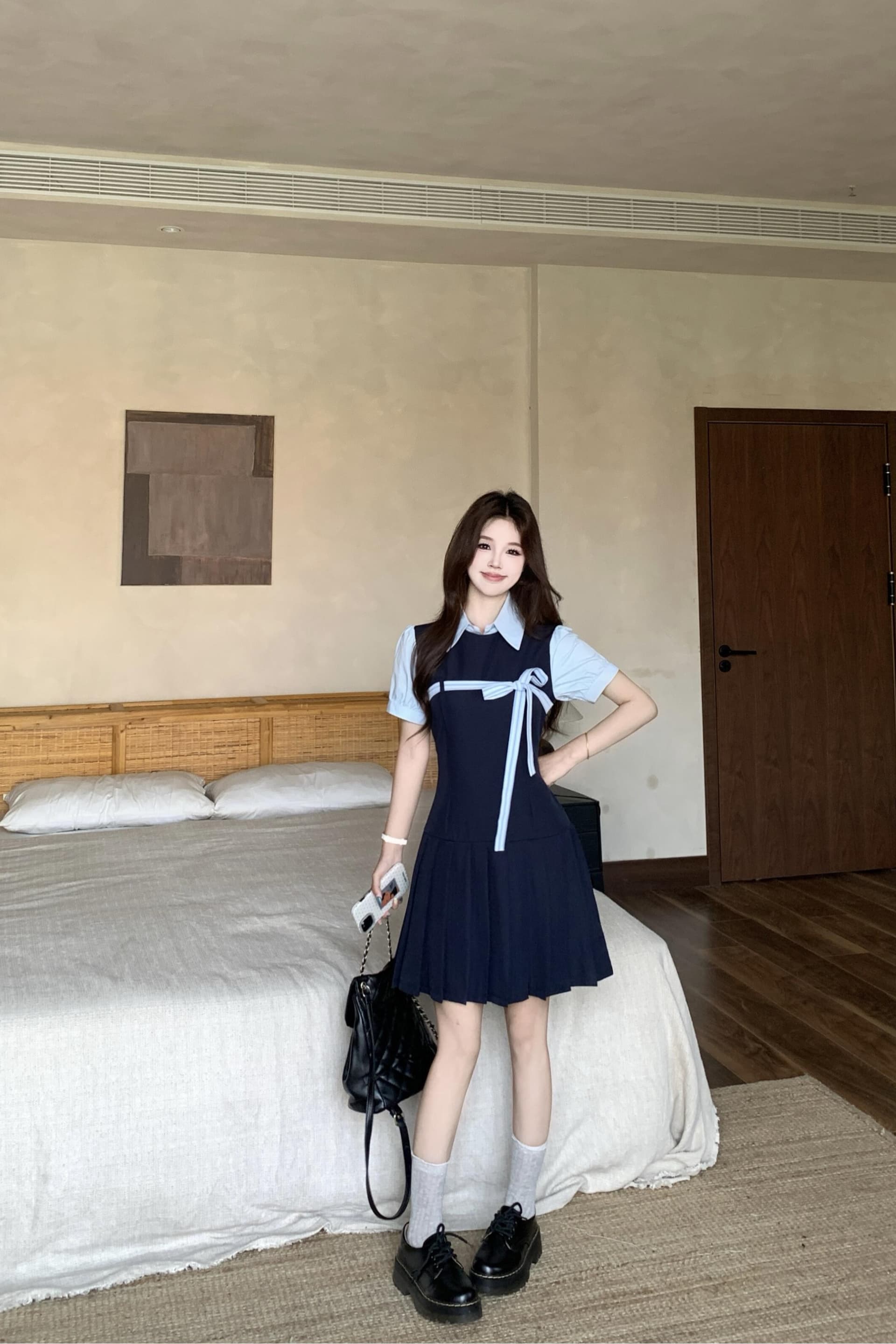 실사 빅 사이즈 달콤함 miu 부서 학원 스타일 해군 드레스 새로운 페이크 레이어드 디자인 센스 플리츠 미니 스커트 이미지 6