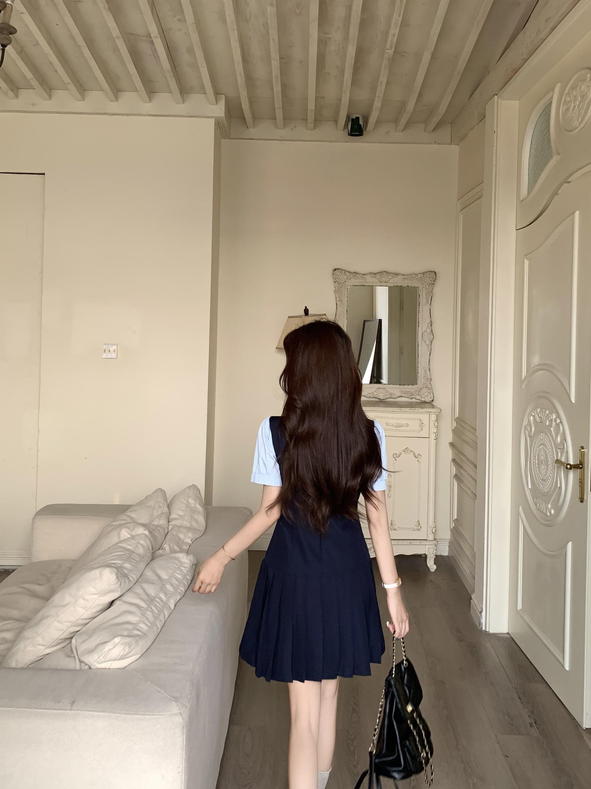 실사 빅 사이즈 달콤함 miu 부서 학원 스타일 해군 드레스 새로운 페이크 레이어드 디자인 센스 플리츠 미니 스커트 상세 이미지 10