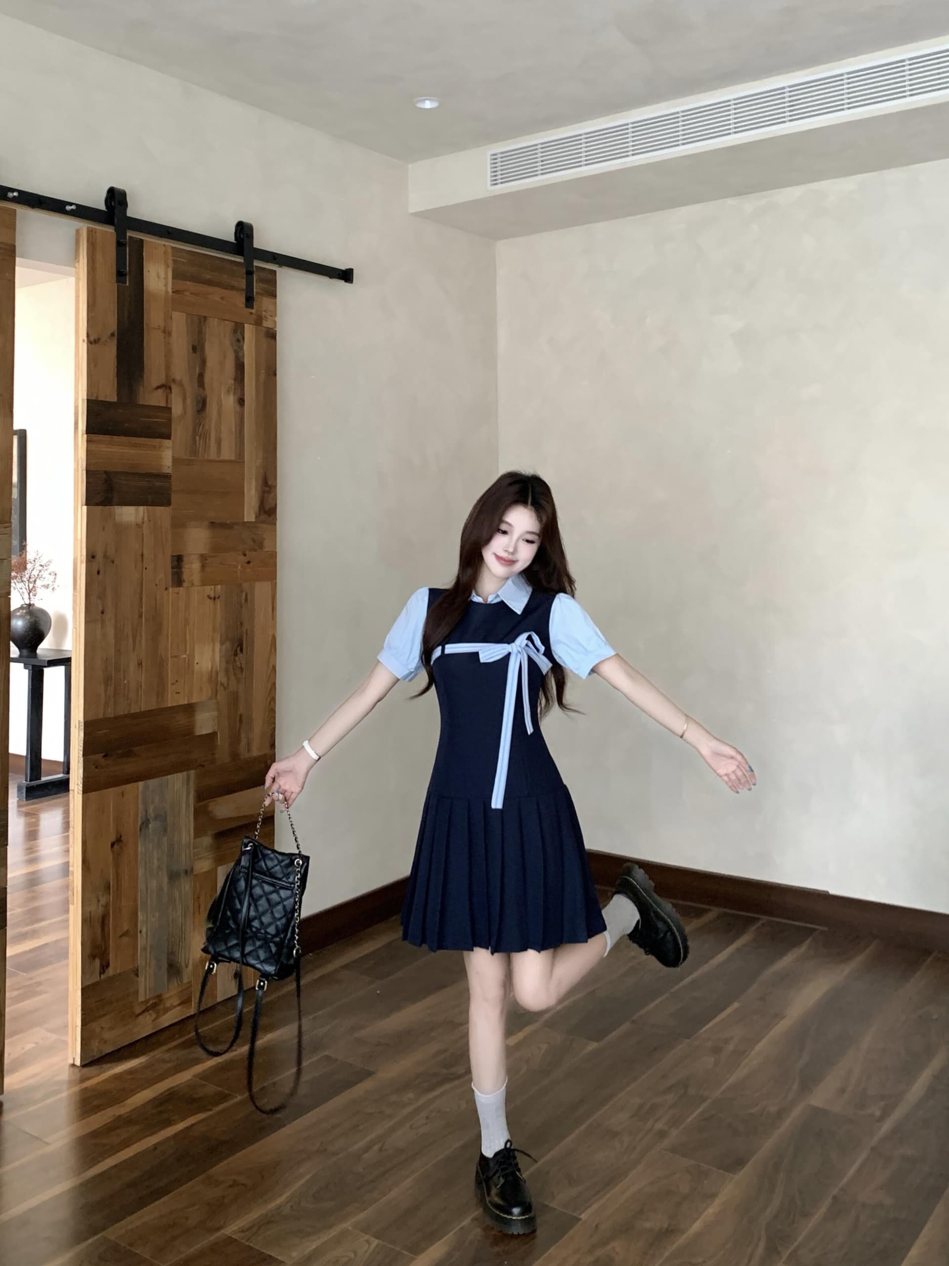 실사 빅 사이즈 달콤함 miu 부서 학원 스타일 해군 드레스 새로운 페이크 레이어드 디자인 센스 플리츠 미니 스커트 상세 이미지 13