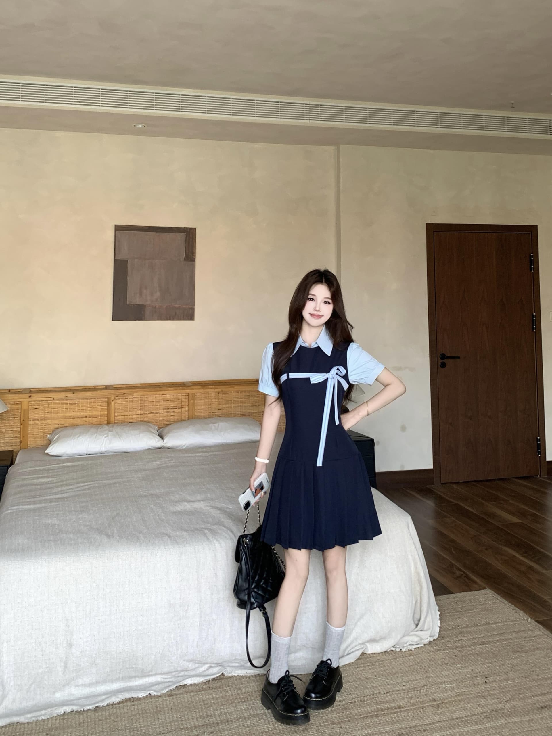 실사 빅 사이즈 달콤함 miu 부서 학원 스타일 해군 드레스 새로운 페이크 레이어드 디자인 센스 플리츠 미니 스커트 상세 이미지 15