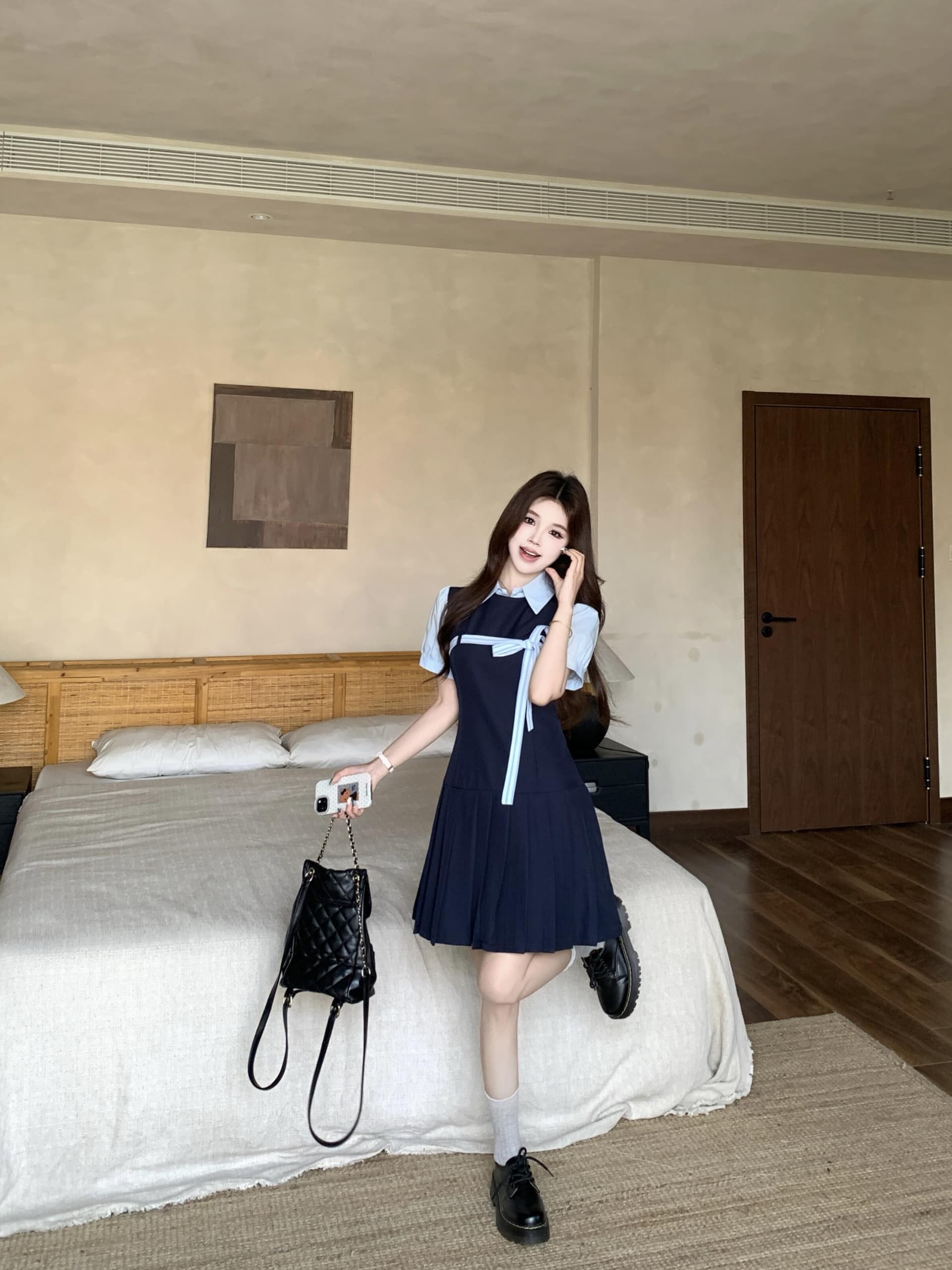 실사 빅 사이즈 달콤함 miu 부서 학원 스타일 해군 드레스 새로운 페이크 레이어드 디자인 센스 플리츠 미니 스커트 상세 이미지 16