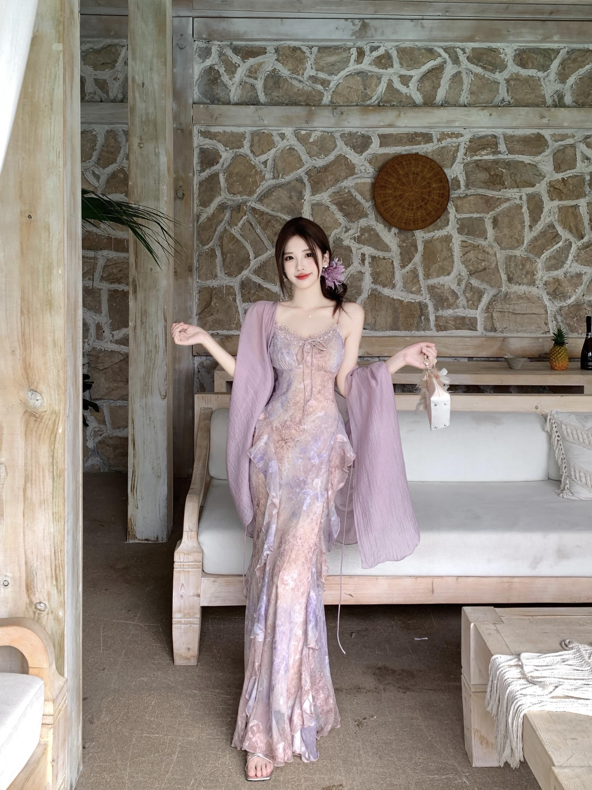 실사 빅 사이즈 여름 새로운 수 있습니다. 조정 몸매 가꾸기 슬림해 보이는 연꽃 잎 작은 꽃무늬 품격 순수한 욕망 바람 슬립 드레스 이미지 2