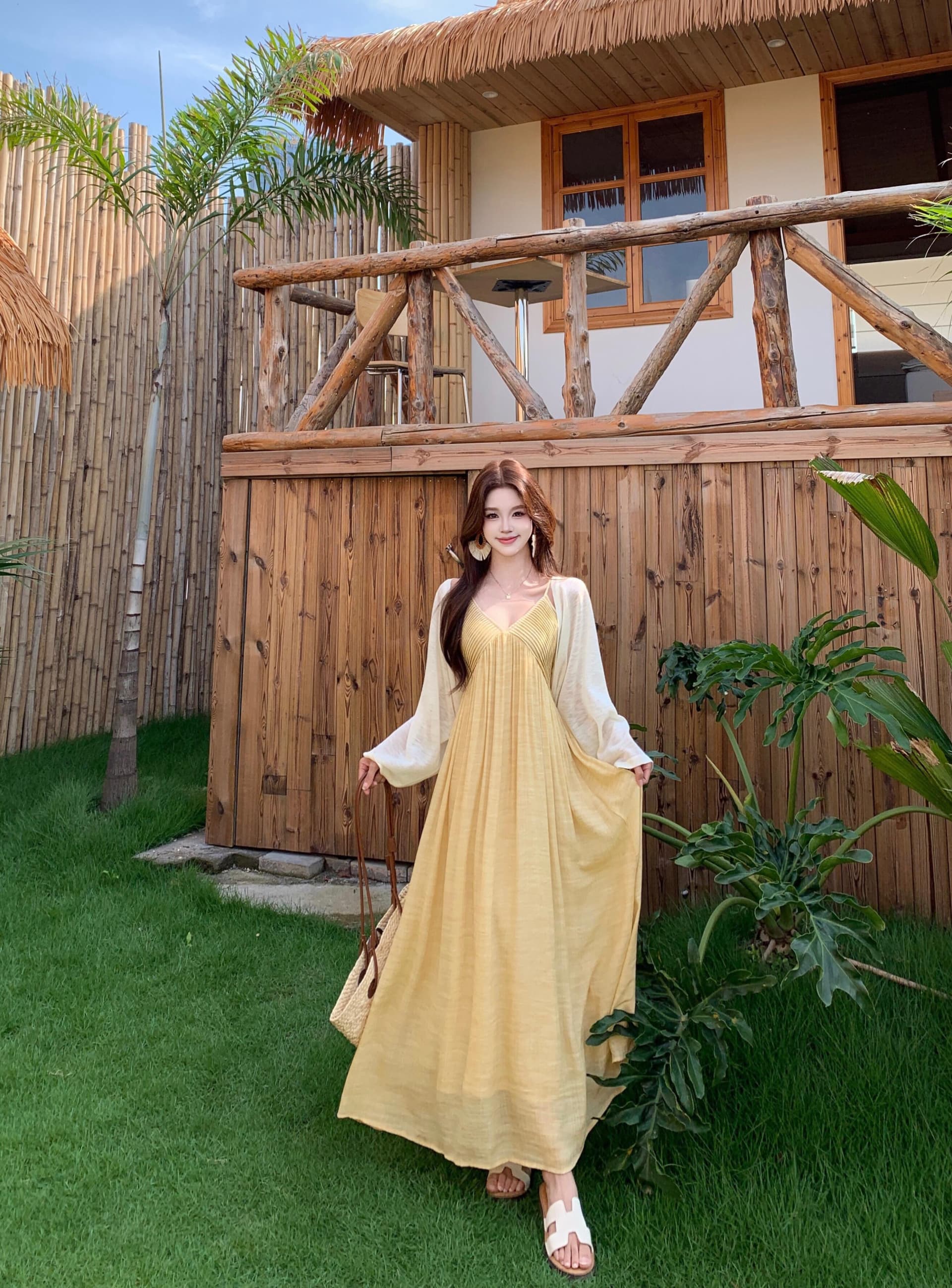 실사 빅 사이즈 레트로 황색 여성 드레스 품격 해변가 휴가 바람 슬립 롱 스커트 오픈 가디건 이미지 4