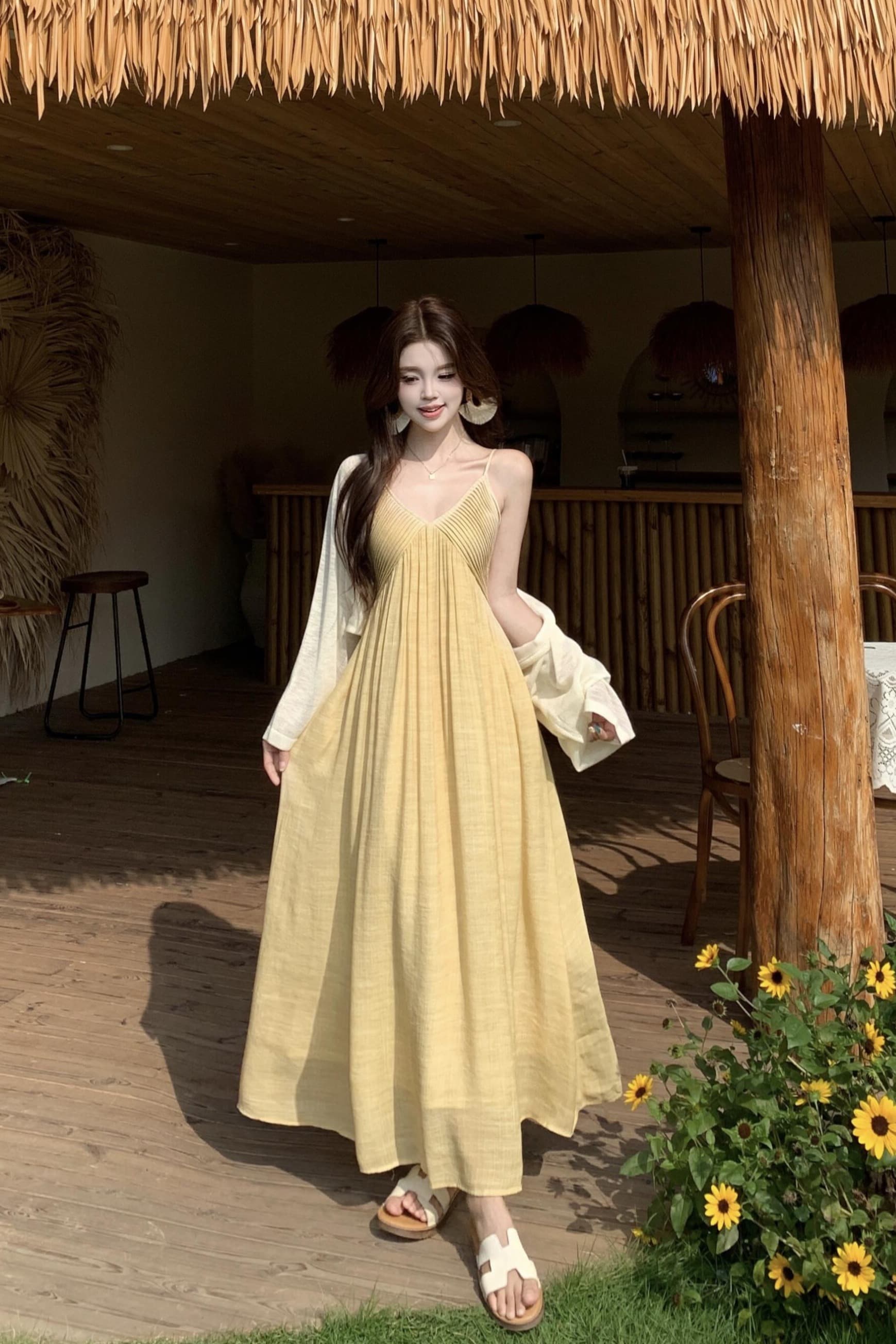 실사 빅 사이즈 레트로 황색 여성 드레스 품격 해변가 휴가 바람 슬립 롱 스커트 오픈 가디건 이미지 6