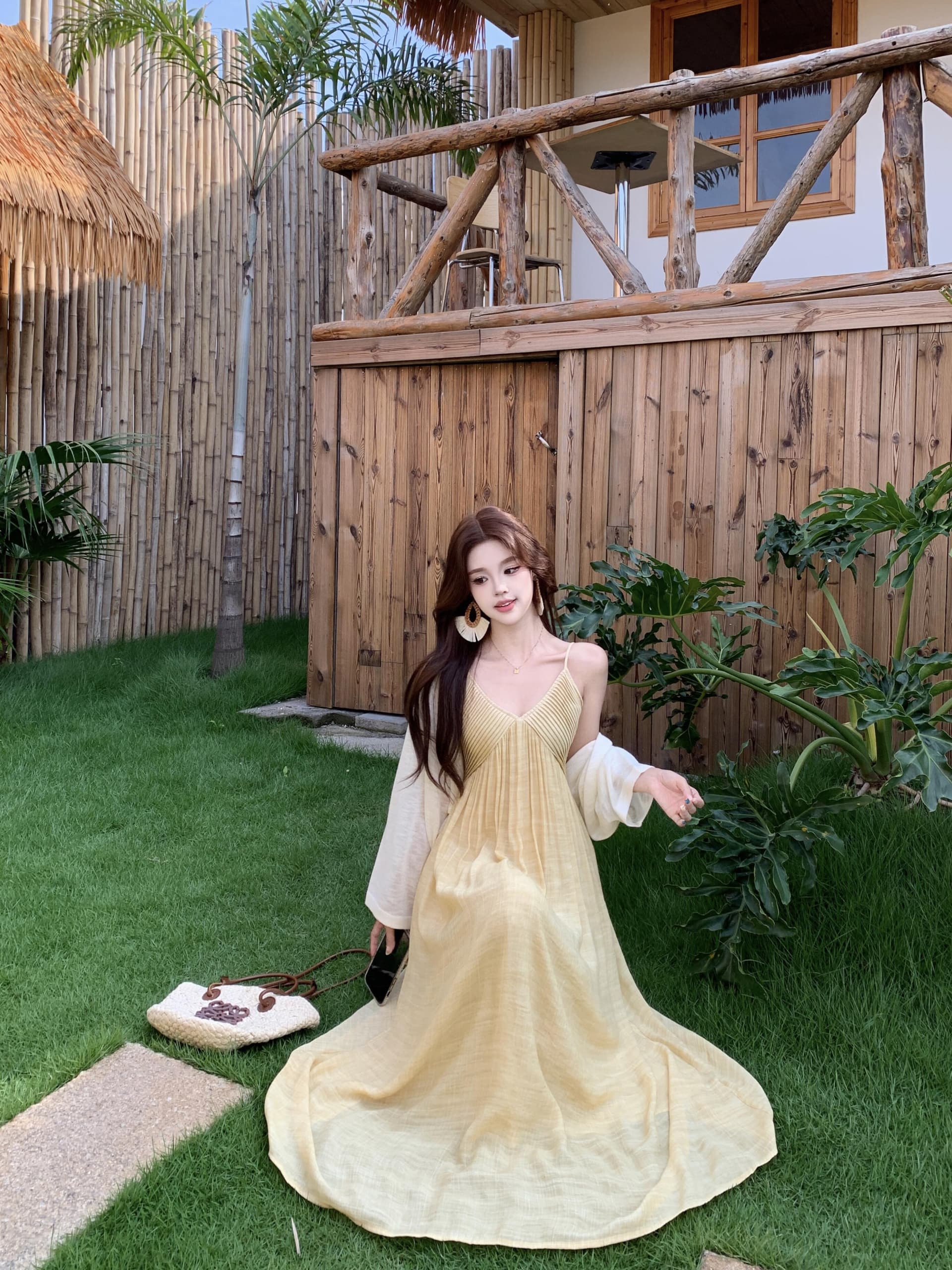 실사 빅 사이즈 레트로 황색 여성 드레스 품격 해변가 휴가 바람 슬립 롱 스커트 오픈 가디건 상세 이미지 9